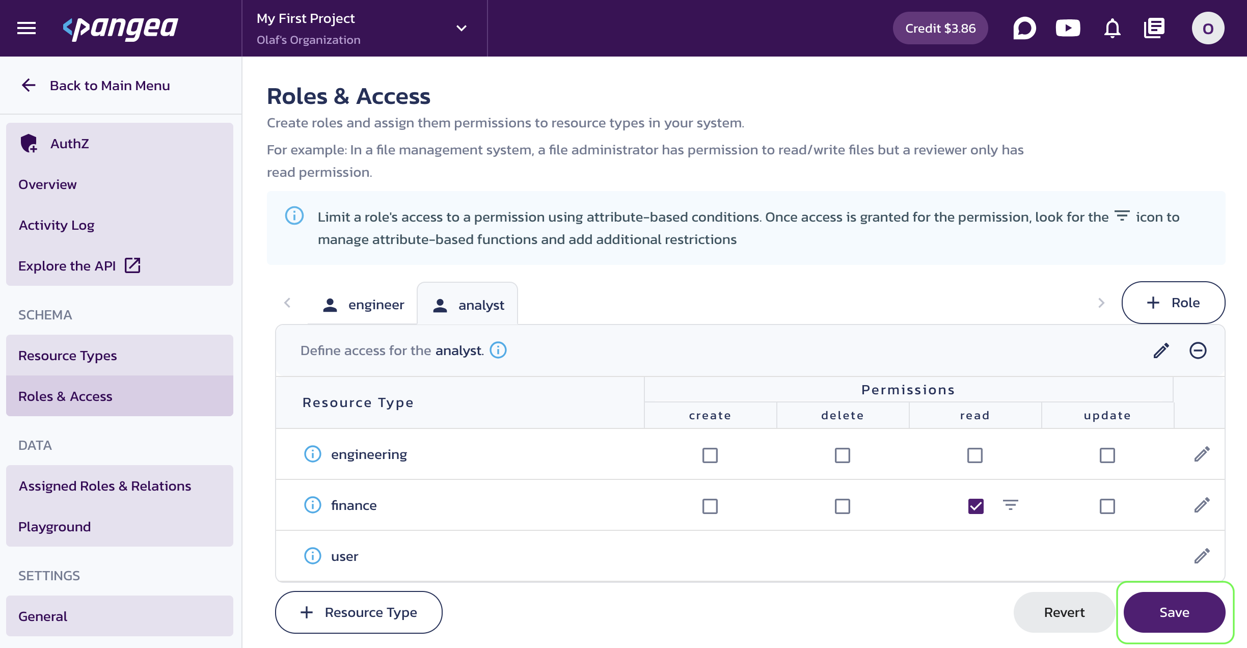 Pangea AuthZ Service Roles page in the Pangea User Console