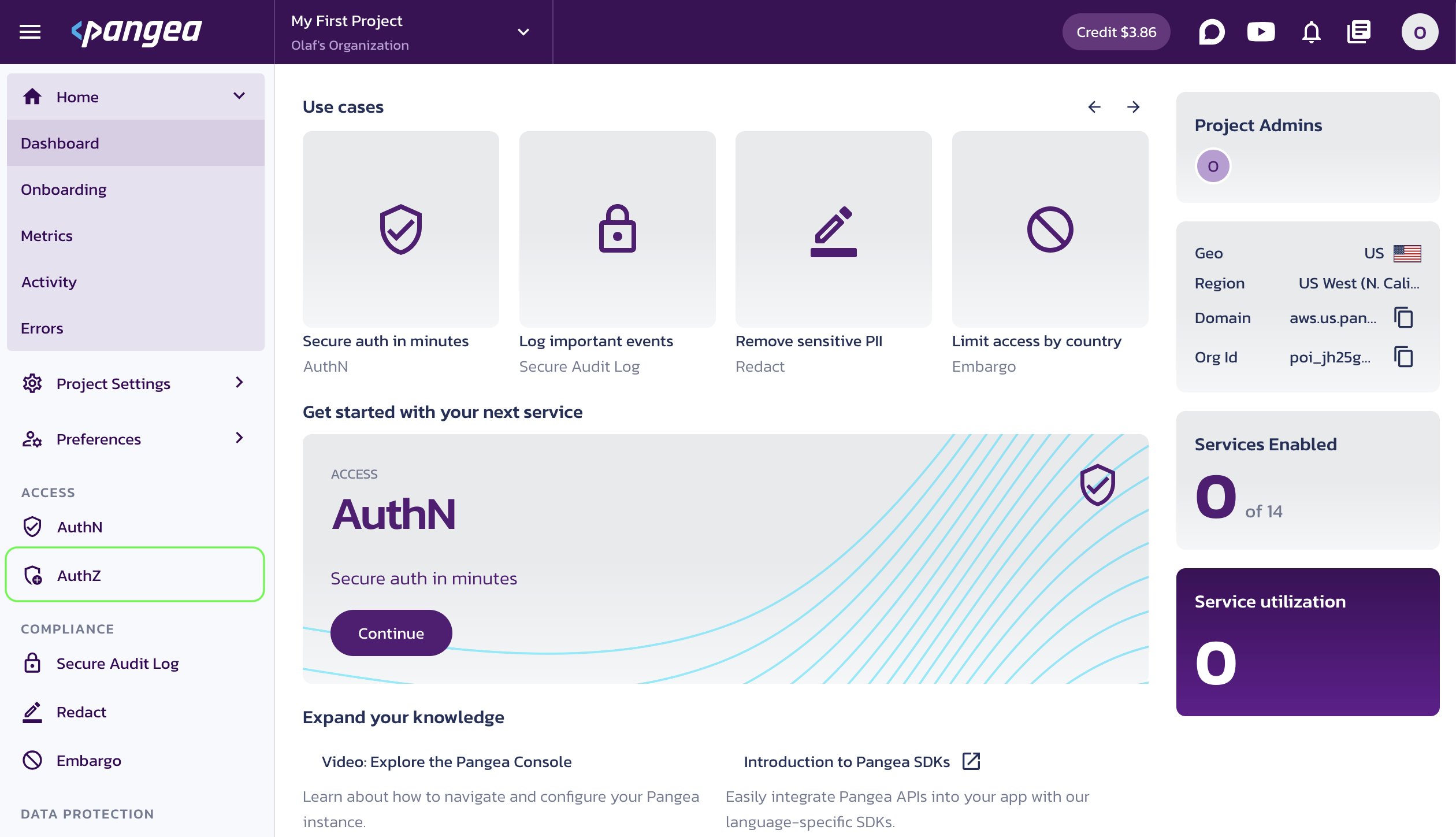 Pangea Services in the Pangea User Console with the AuthZ service being highlighted