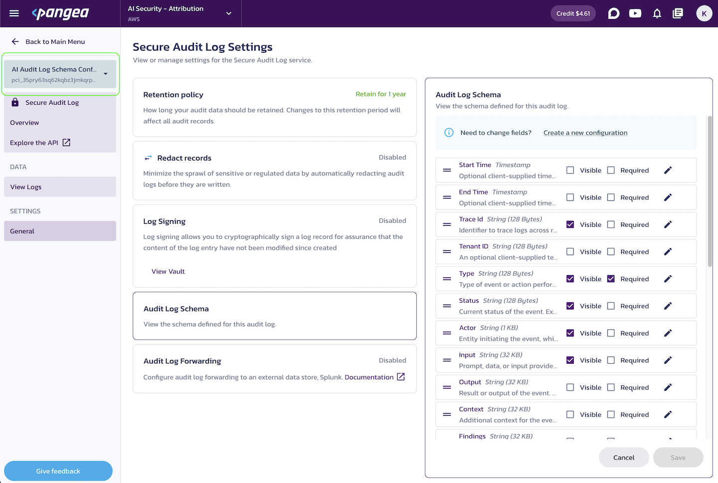 Selected Audit Log Schema on the Secure Audit Log General settings page in the Pangea User Console