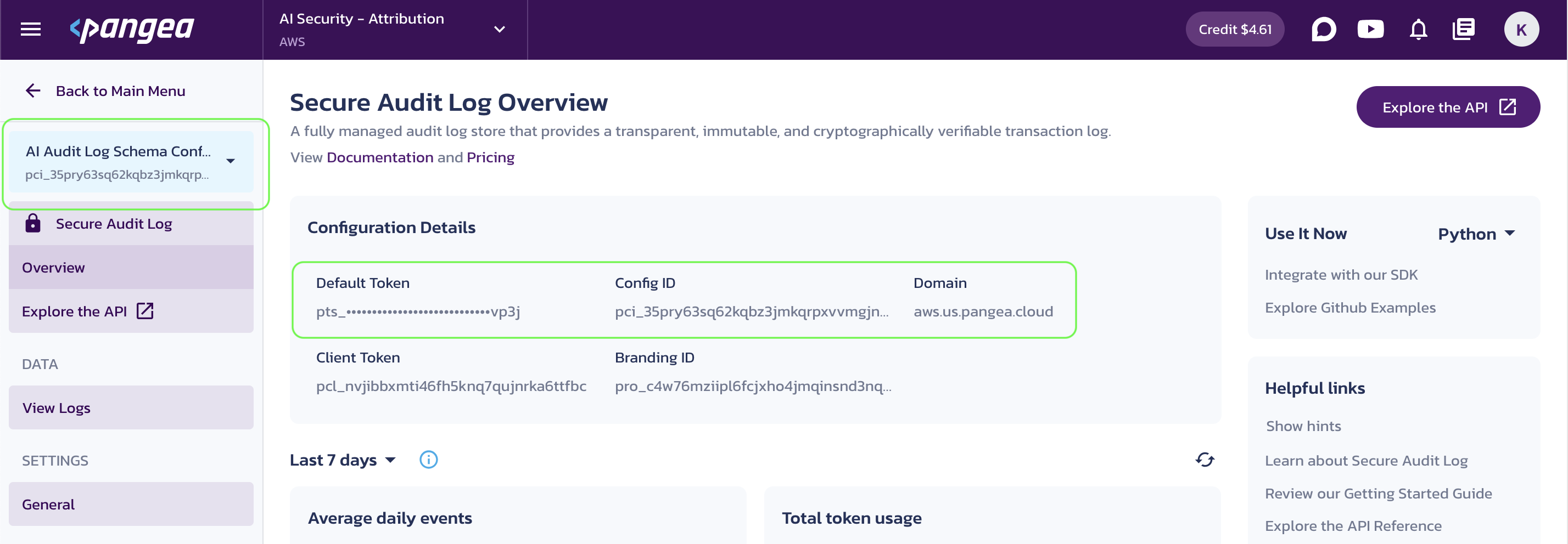 Secure Audit Log Overview page in the Pangea User Console