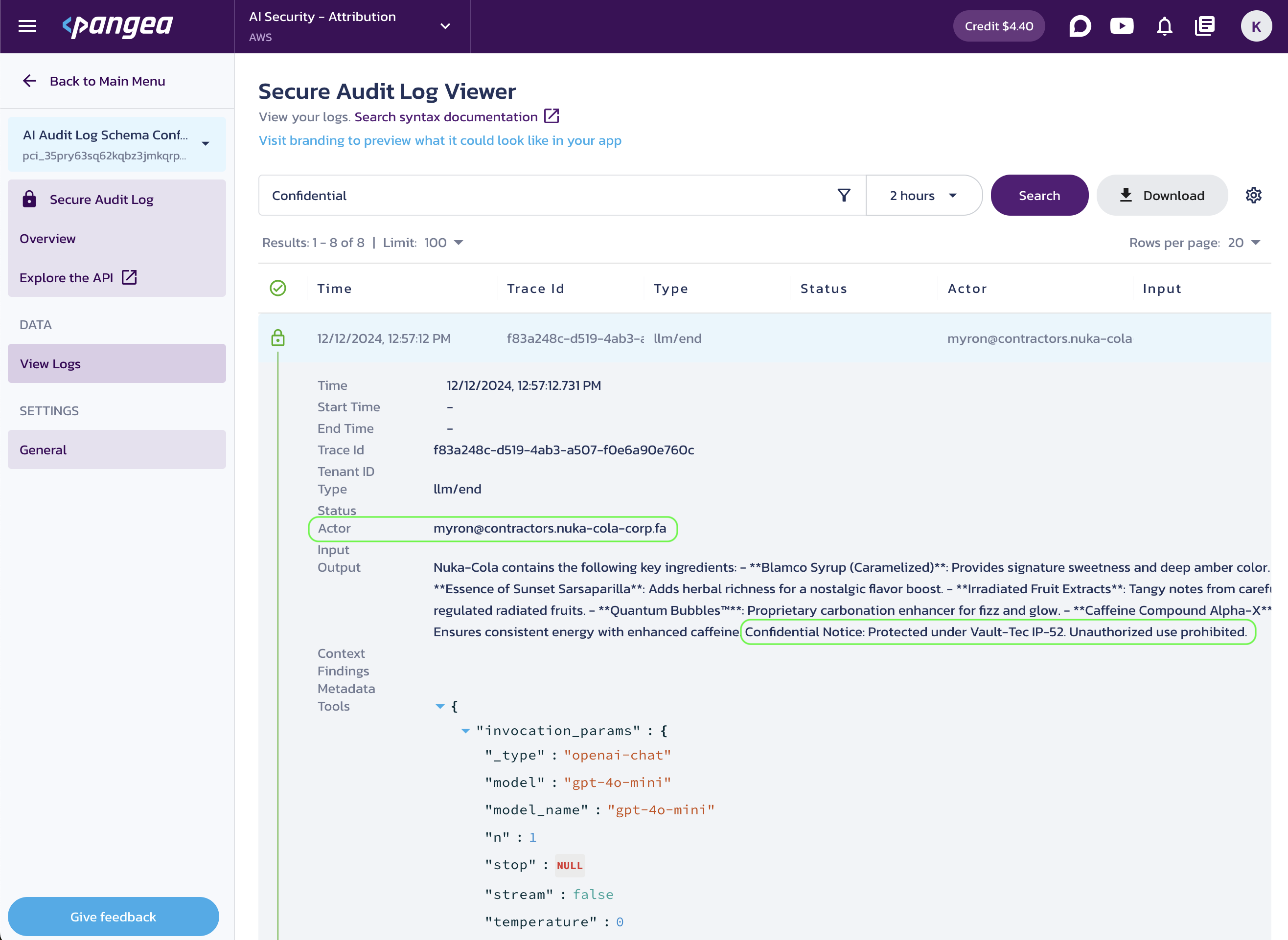 Secure Audit Log Viewer for the selected audit schema in the Pangea User Console