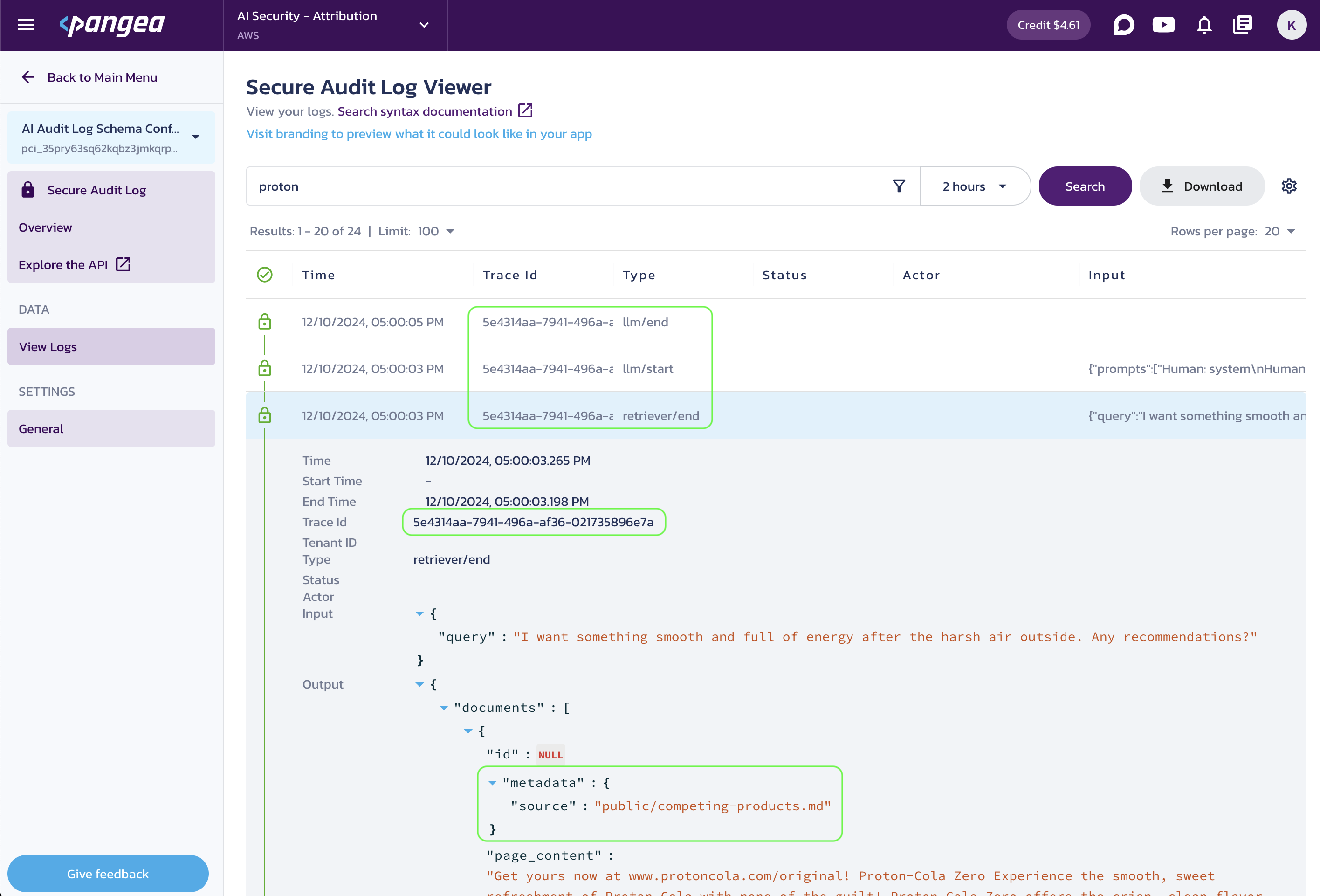 Secure Audit Log Viewer for the selected audit schema in the Pangea User Console