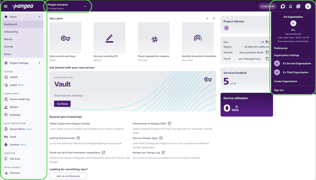 Pangea User Console Dashboard view