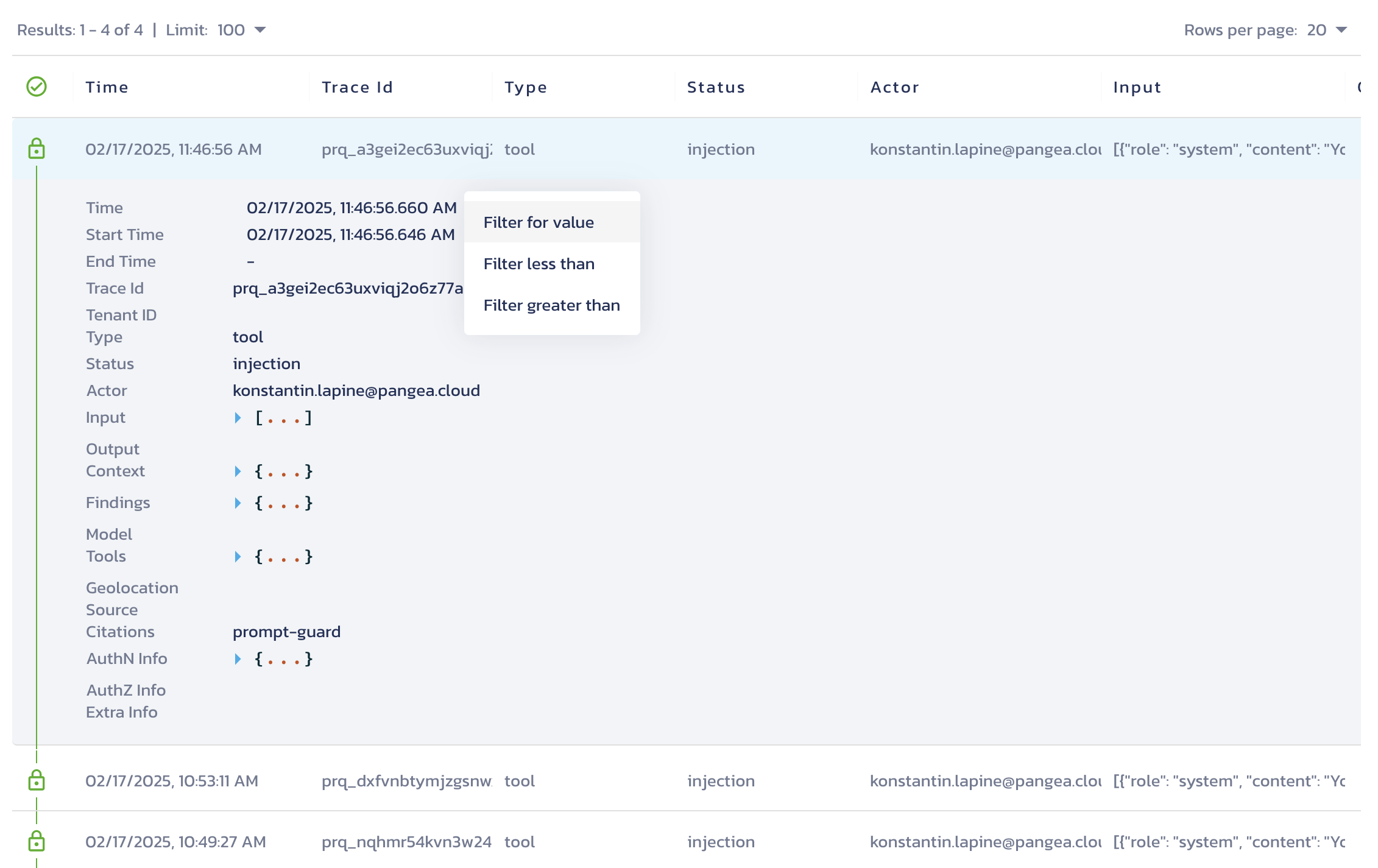 Selecting a date criteria using the captured timestamp on the Audit Log Viewer page in the Pangea User Console