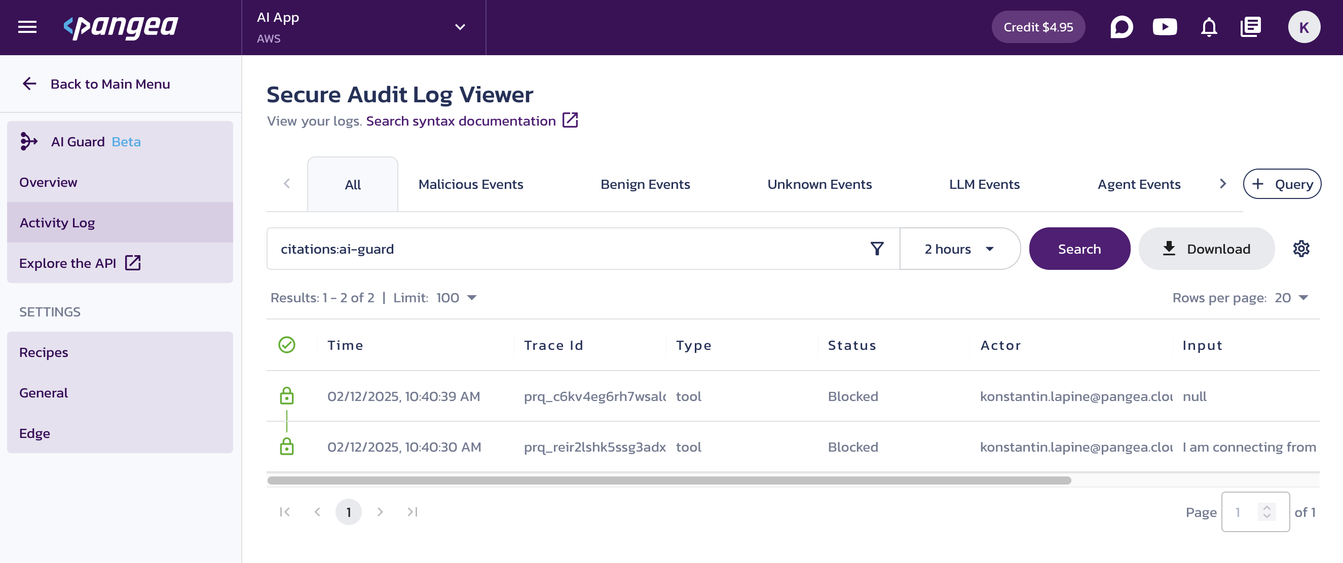 Pangea&#39;s AI Guard Secure Audit Log Viewer page in the Pangea User Console