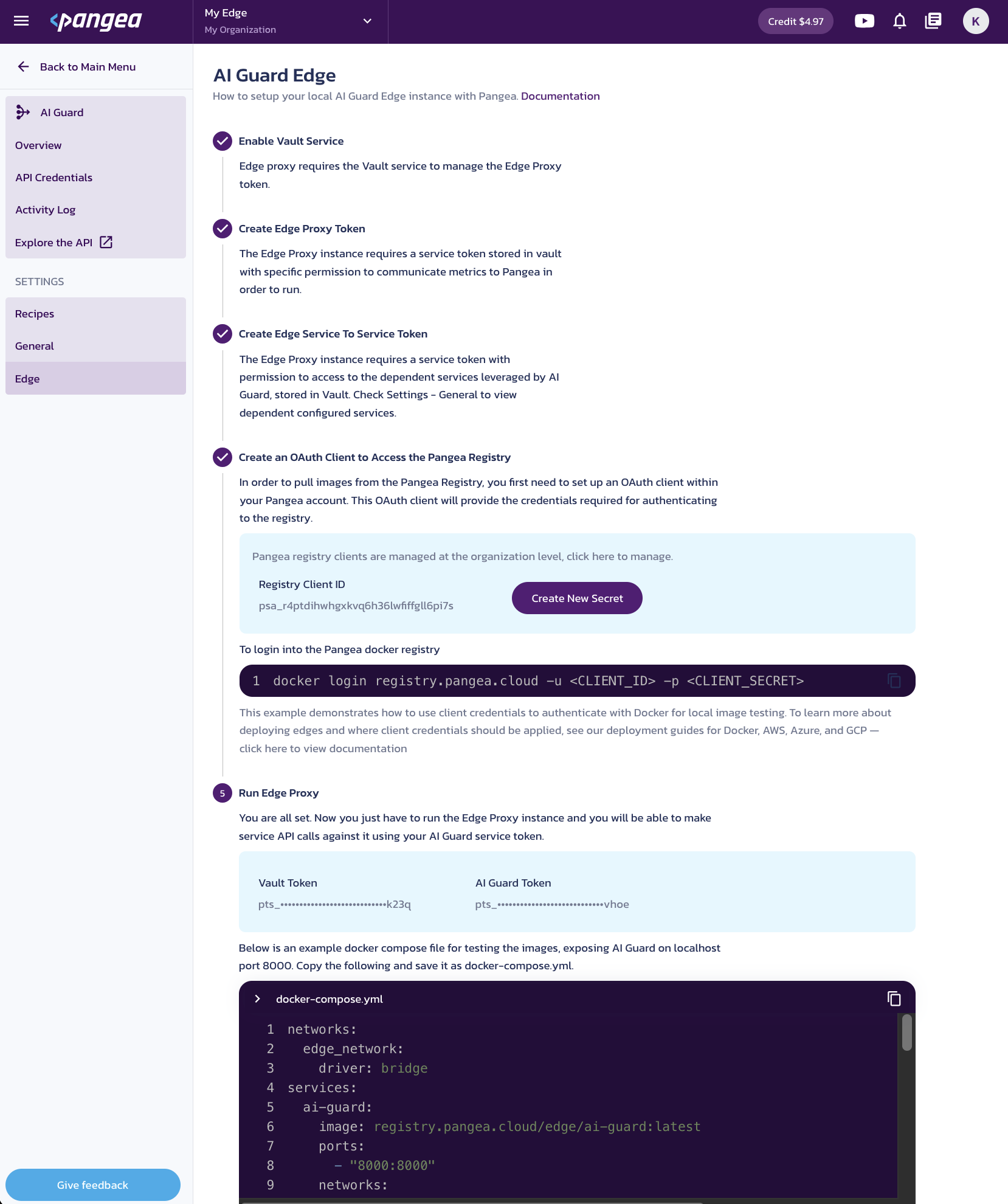 AI Guard Edge settings in the Pangea User Console