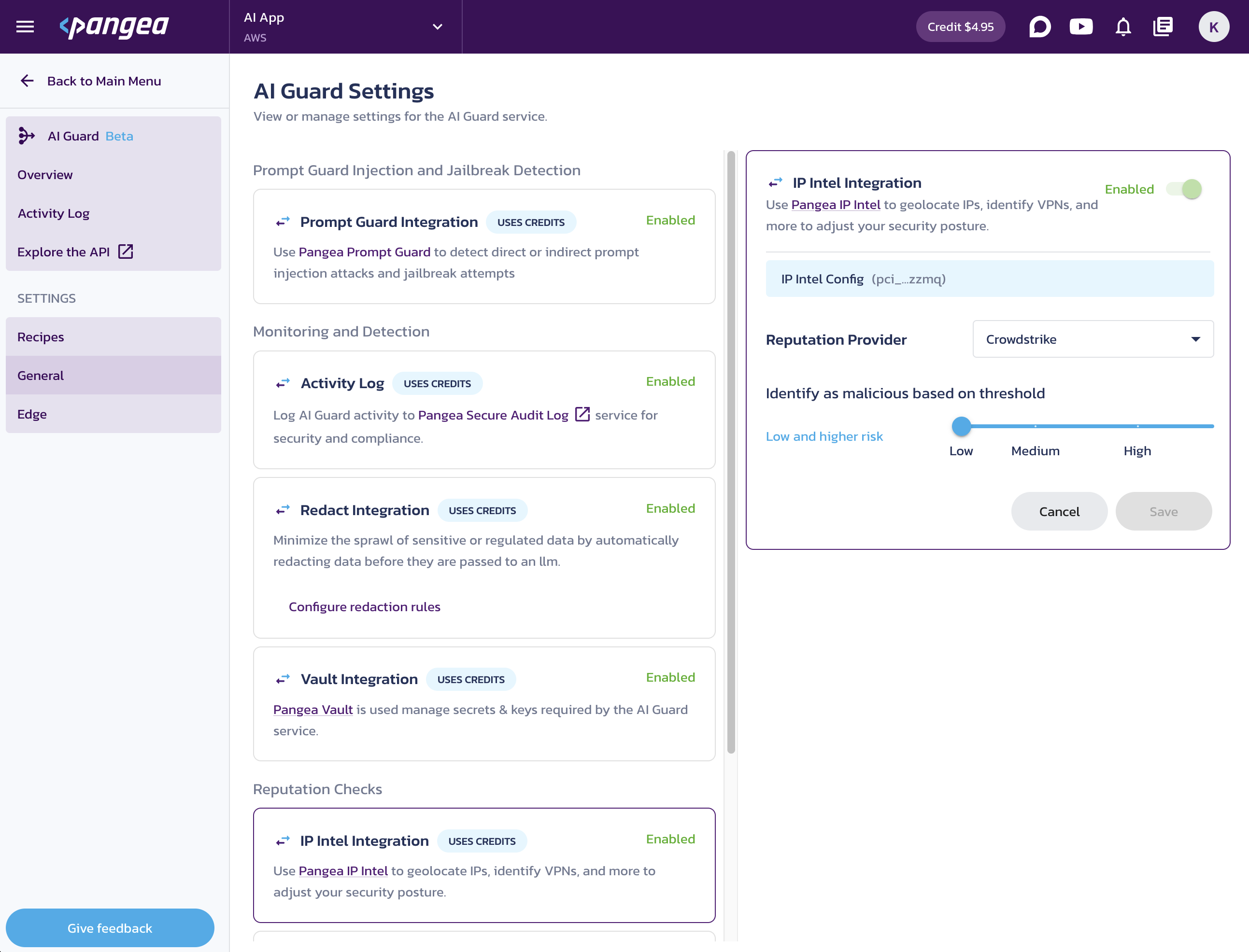 IP Intel Integration settings on the AI Guard General settings page in the Pangea User Console