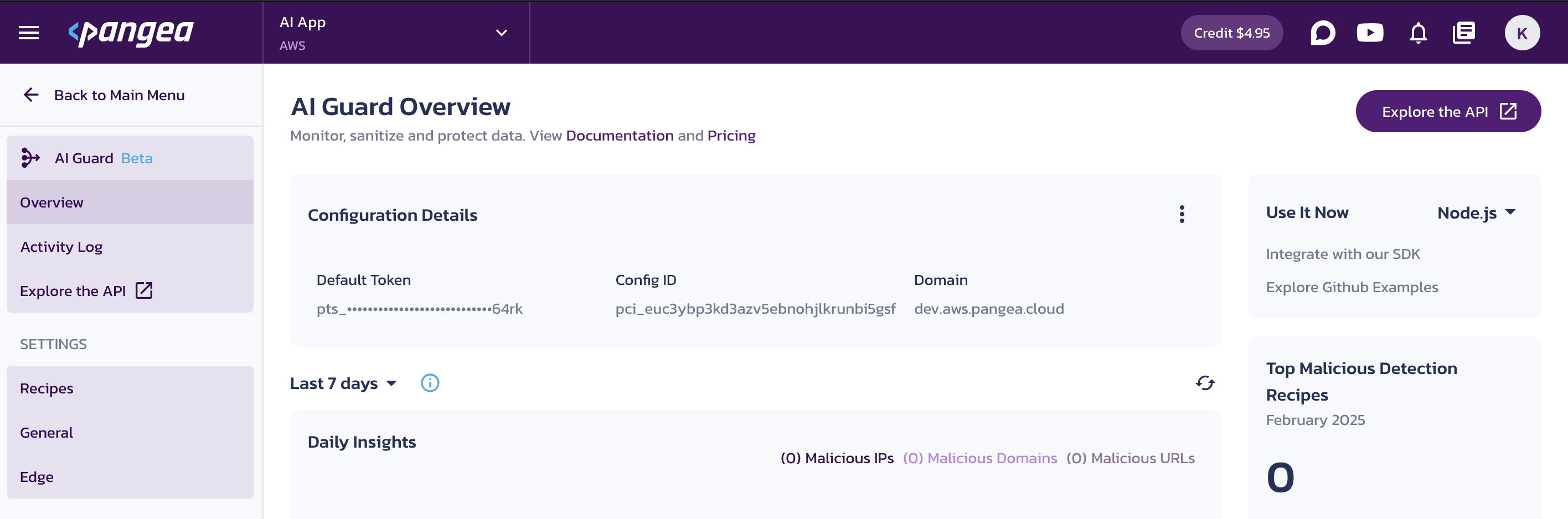 AI Guard Overview page in the Pangea User Console