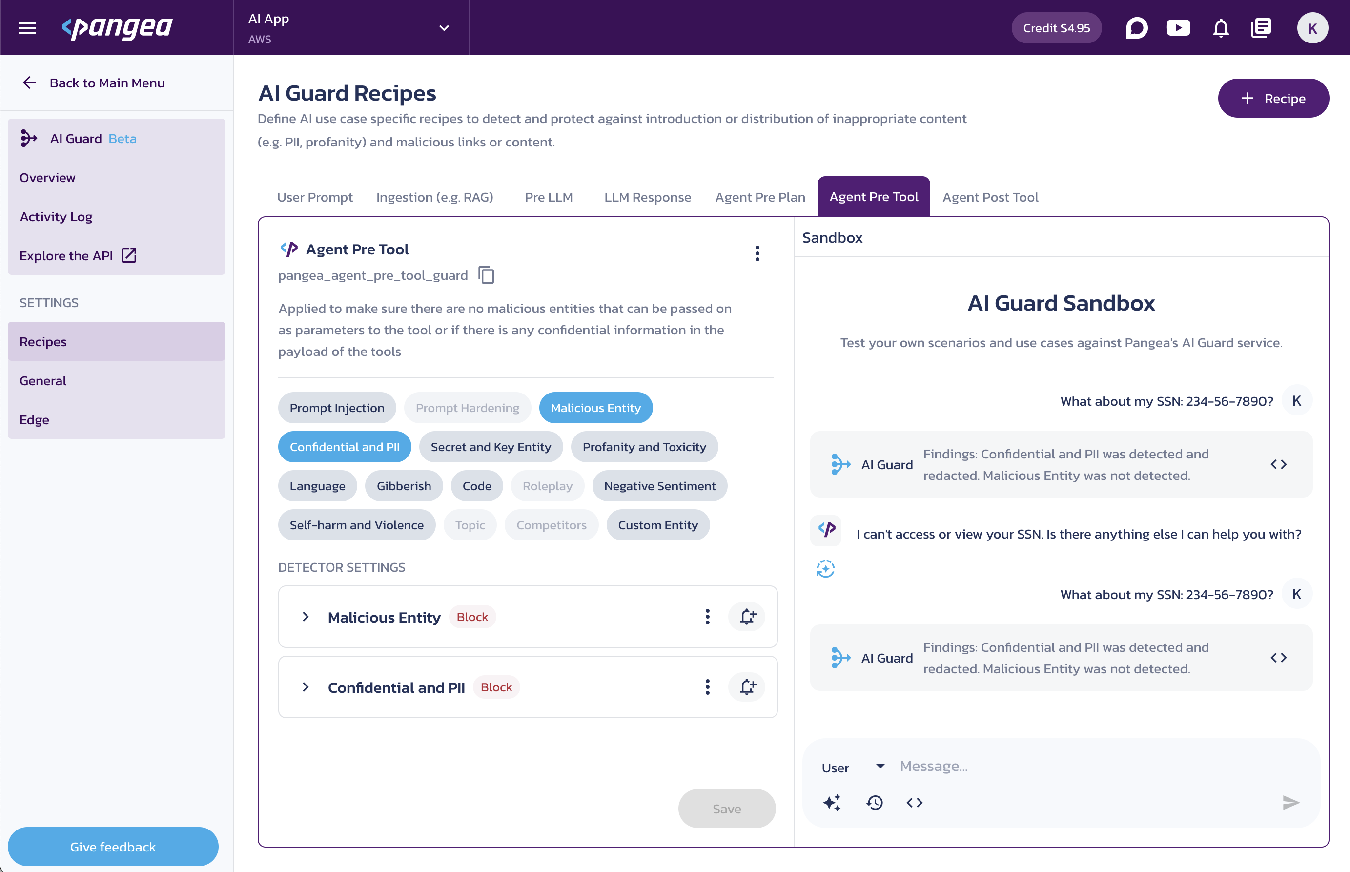 The AI Guard Recipes configuration page with the AI Guard Sandbox used in the Pangea User Console