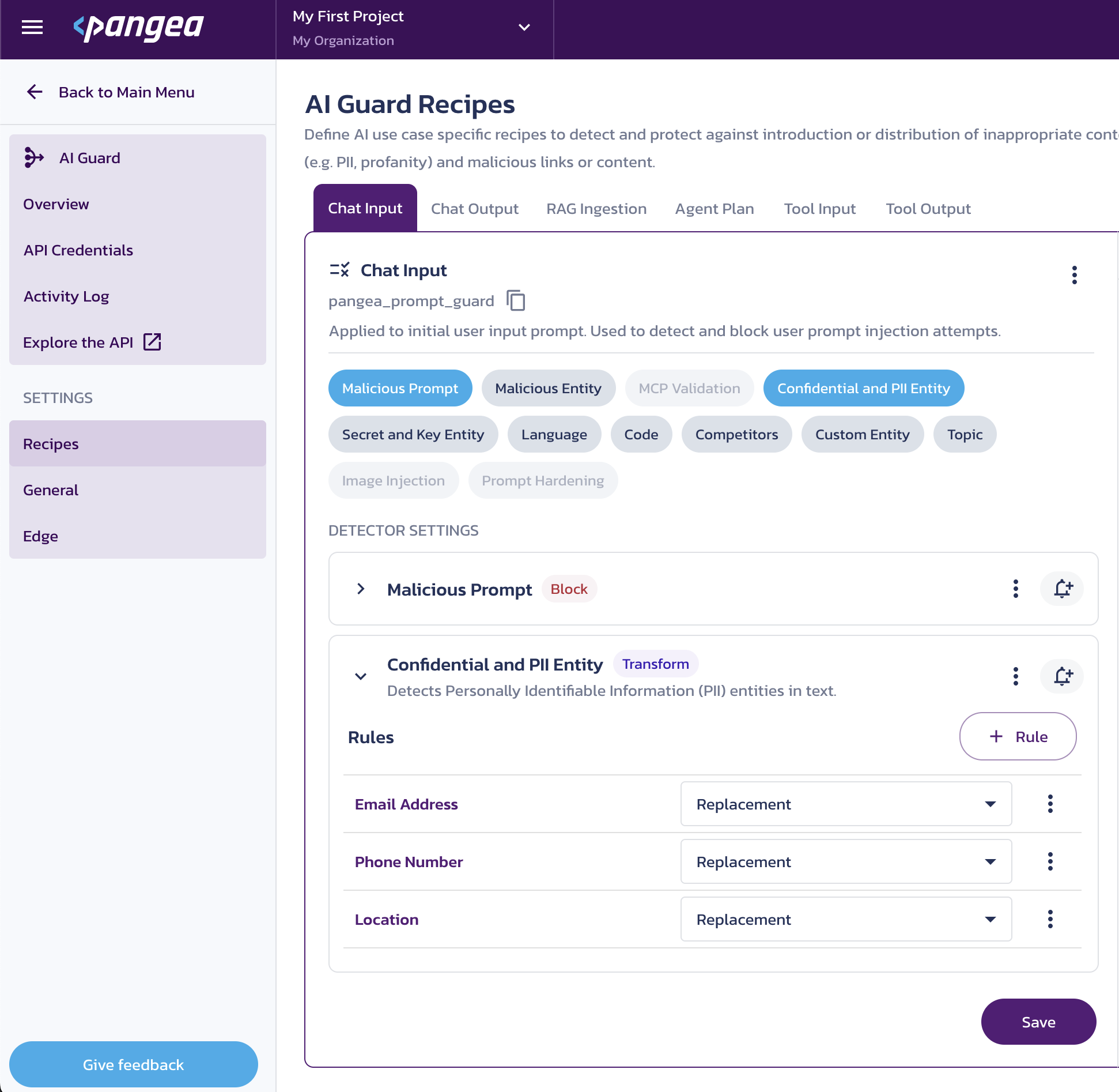  serviceData[serviceKey].name  Recipes page in the Pangea User Console with the pangea_prompt_guard recipe selected.
