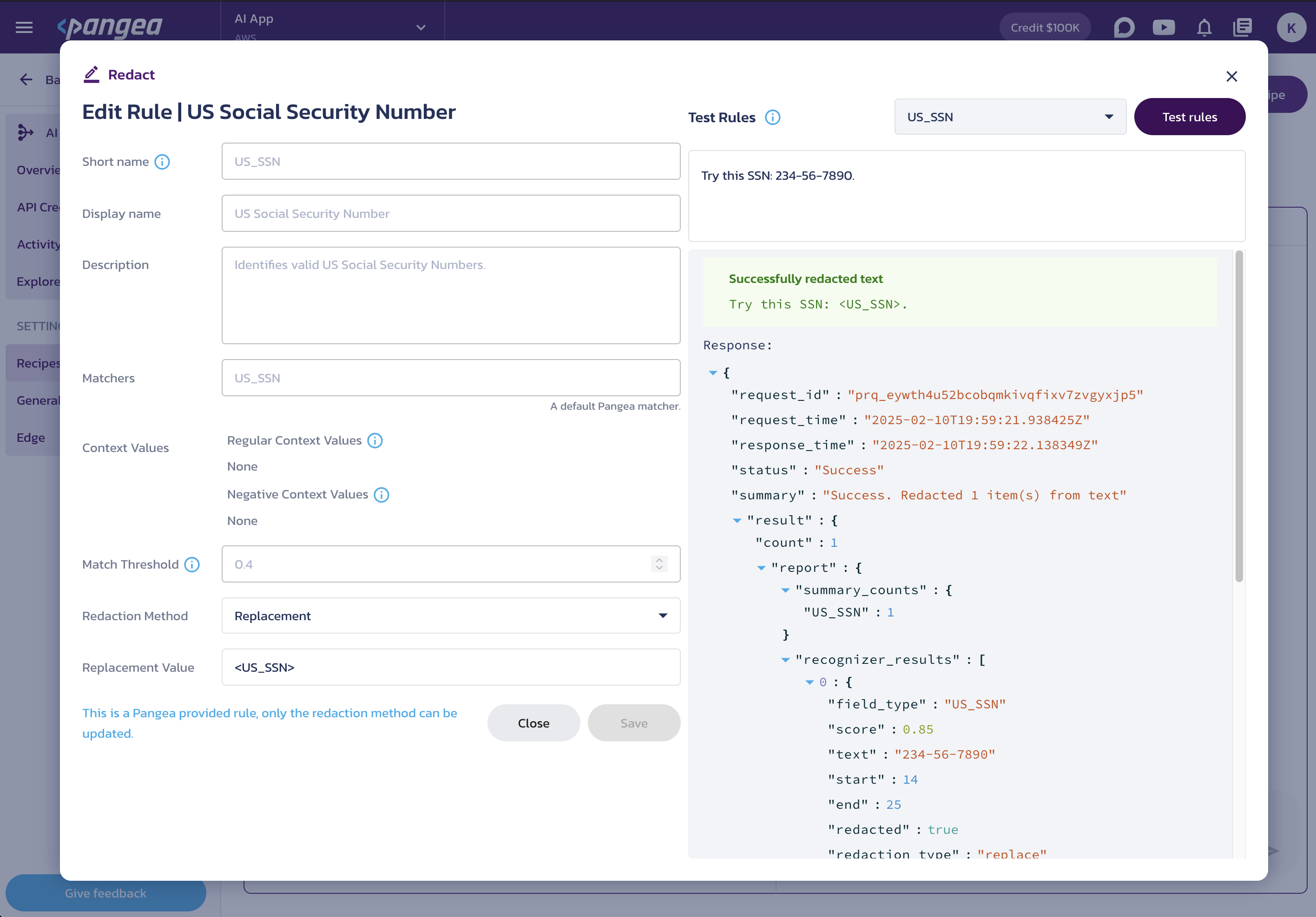 AI Guard Recipe rule edit form for Replacing in the Pangea User Console