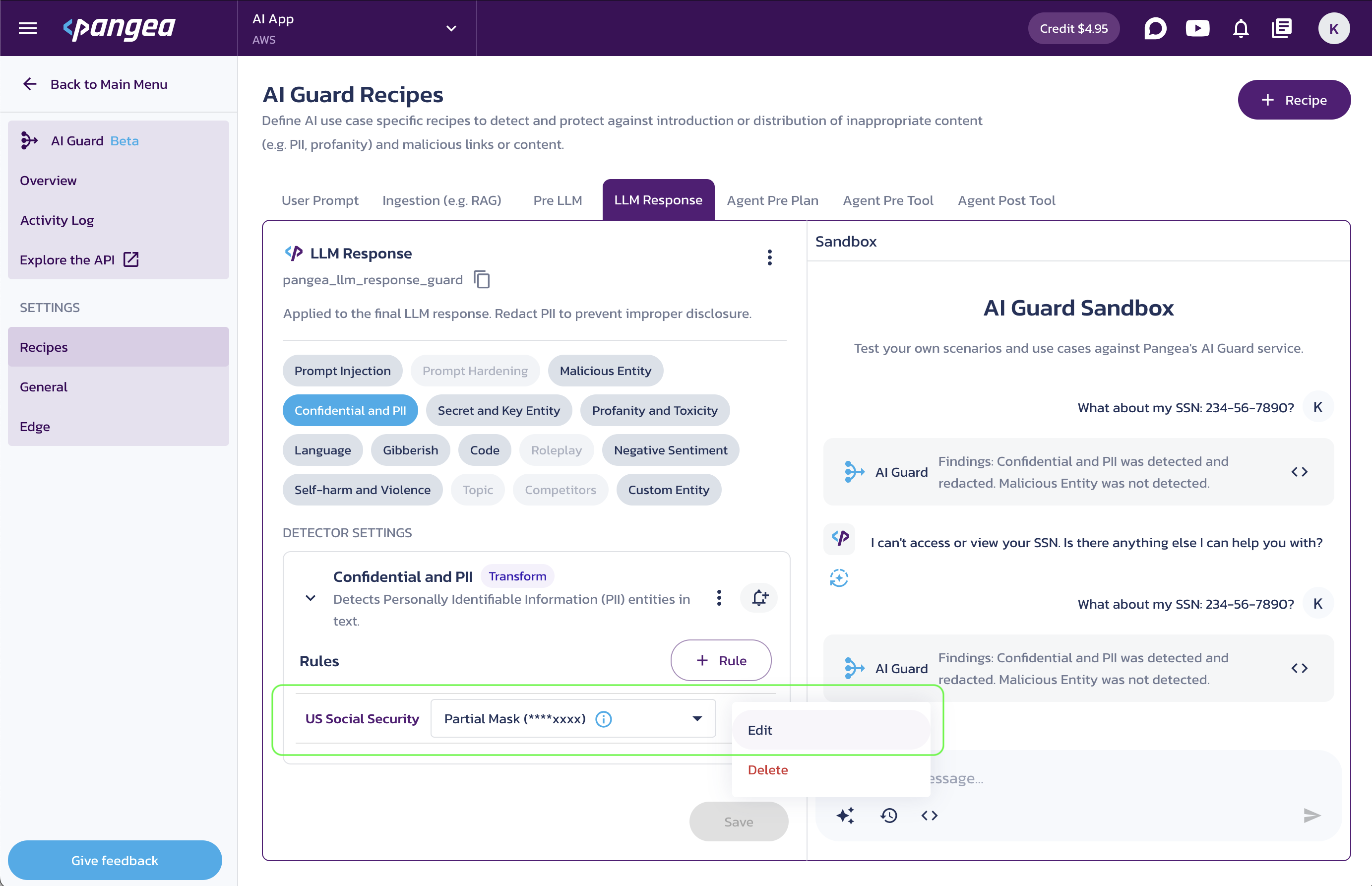 AI Guard Recipe rule with editing options for Partial Masking in the Pangea User Console