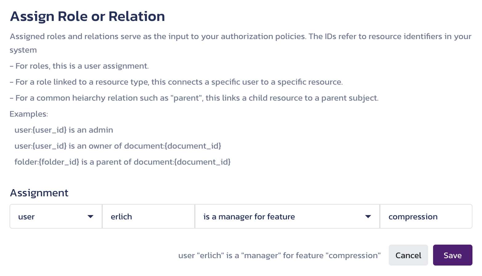 The Assign Role or Relation dialog on the Assigned Roles & Relations page in the Pangea User Console.