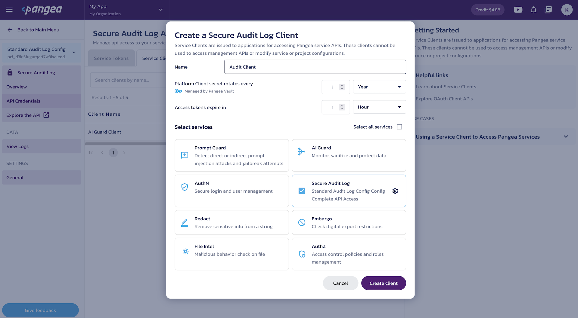 Create service client Create a client dialog on the Secure Audit Log Credentials page in the Pangea User Console
