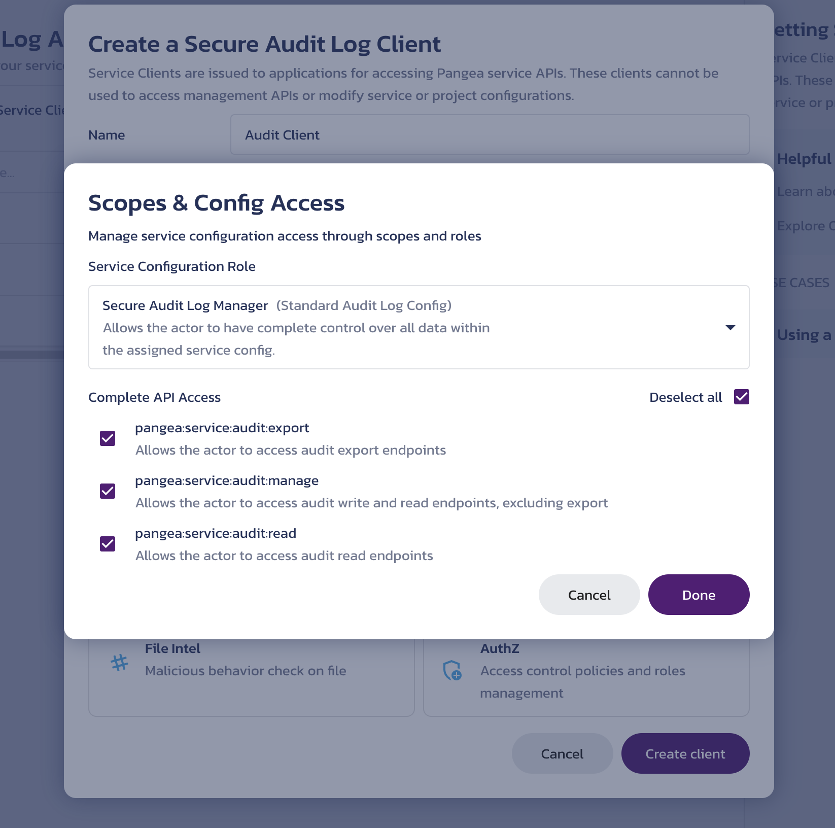 Select the role and scope for the service client Scopes & Config Access sub-dialog from the Create a service client dialog on the Secure Audit Log API Credentials page in the Pangea User Console