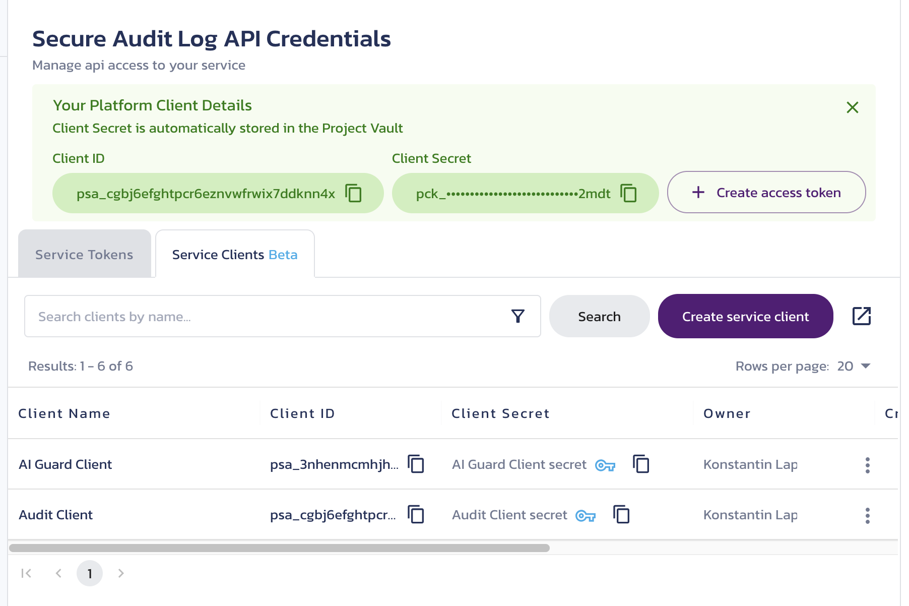 Temporarily displayed new client details New client details temporarily displayed on the Secure Audit Log Credentials page in the Pangea User Console