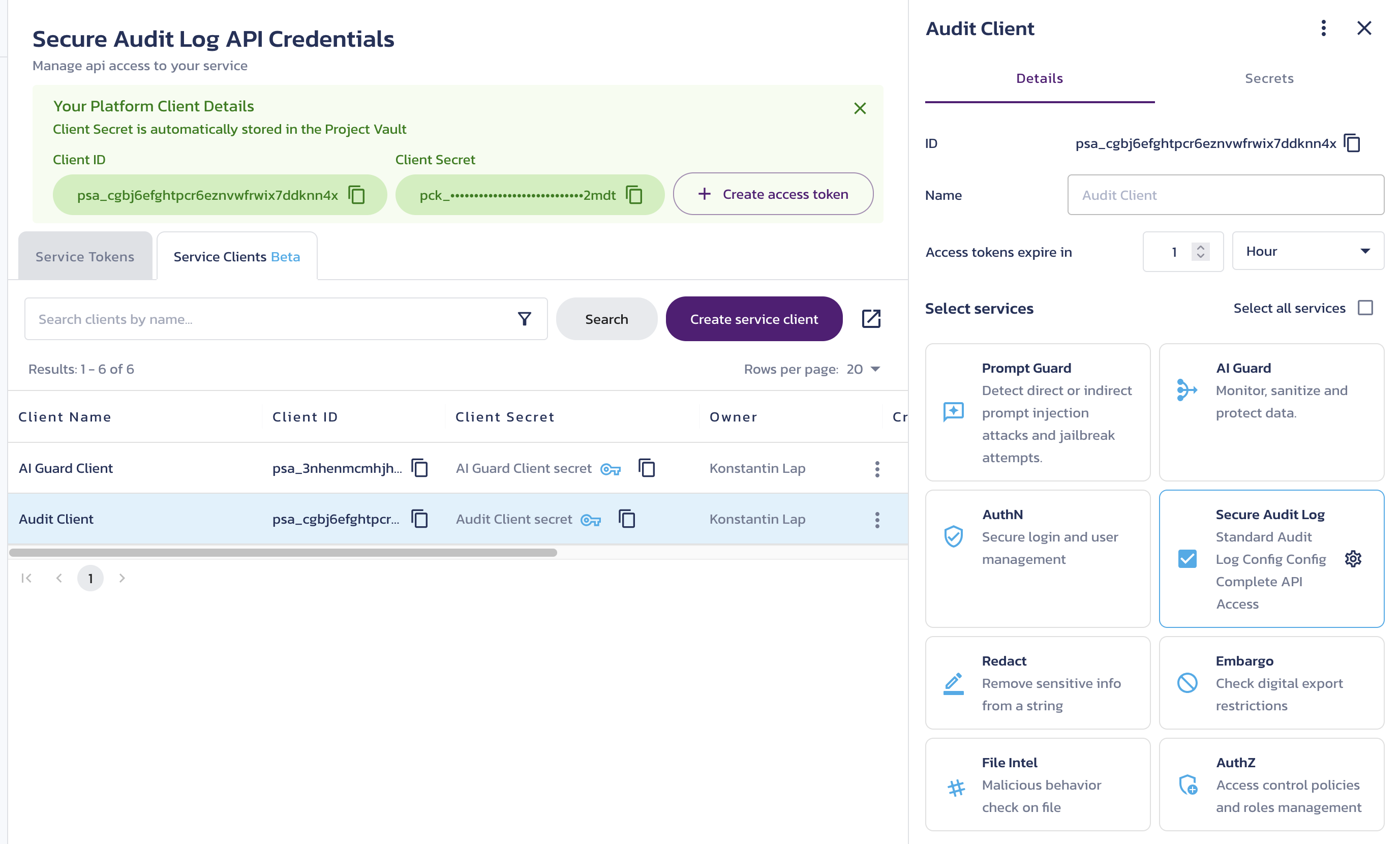 Client details page Client details page for a selected client on the Secure Audit Log Credentials page in the Pangea User Console