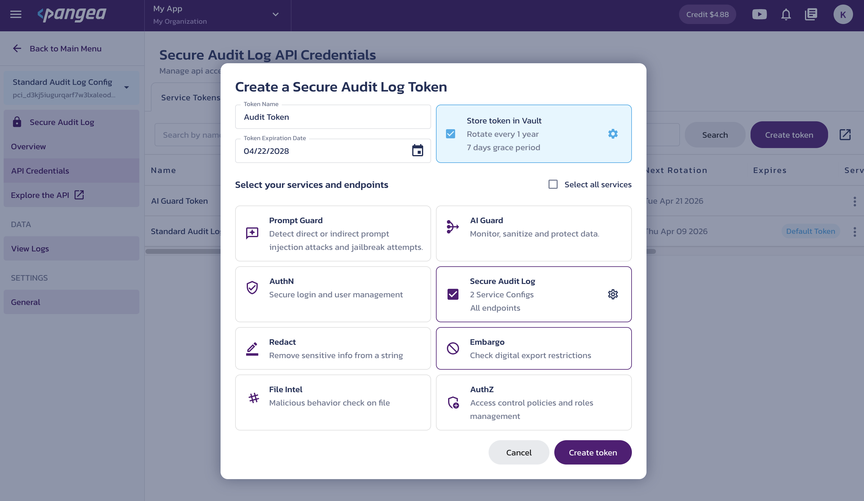 Create service token Create a service token dialog on the Secure Audit Log API Credentials page in the Pangea User Console