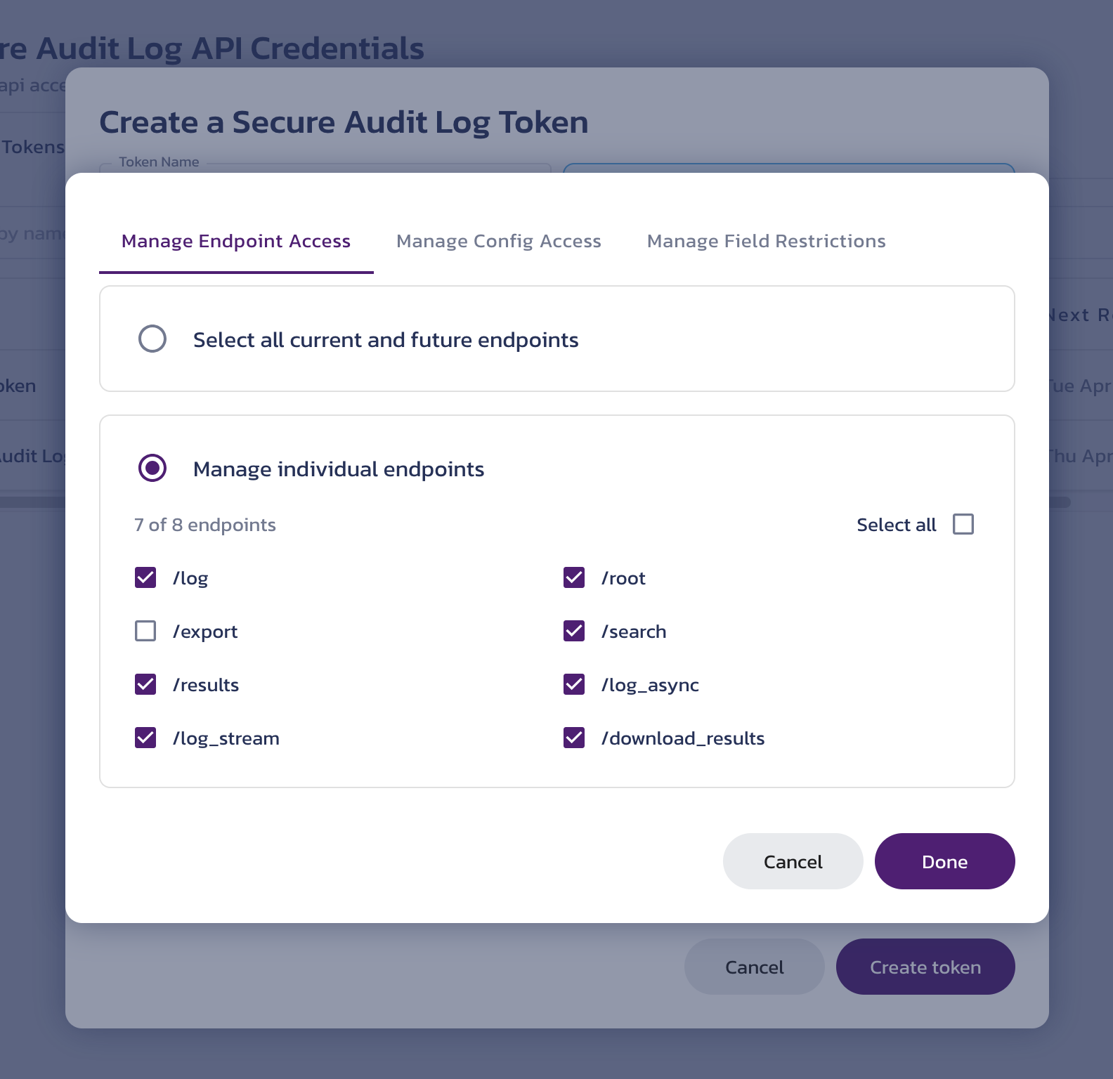 Service token configuration options for Secure Audit Log Create a service token dialog on the Secure Audit Log API Credentials page in the Pangea User Console