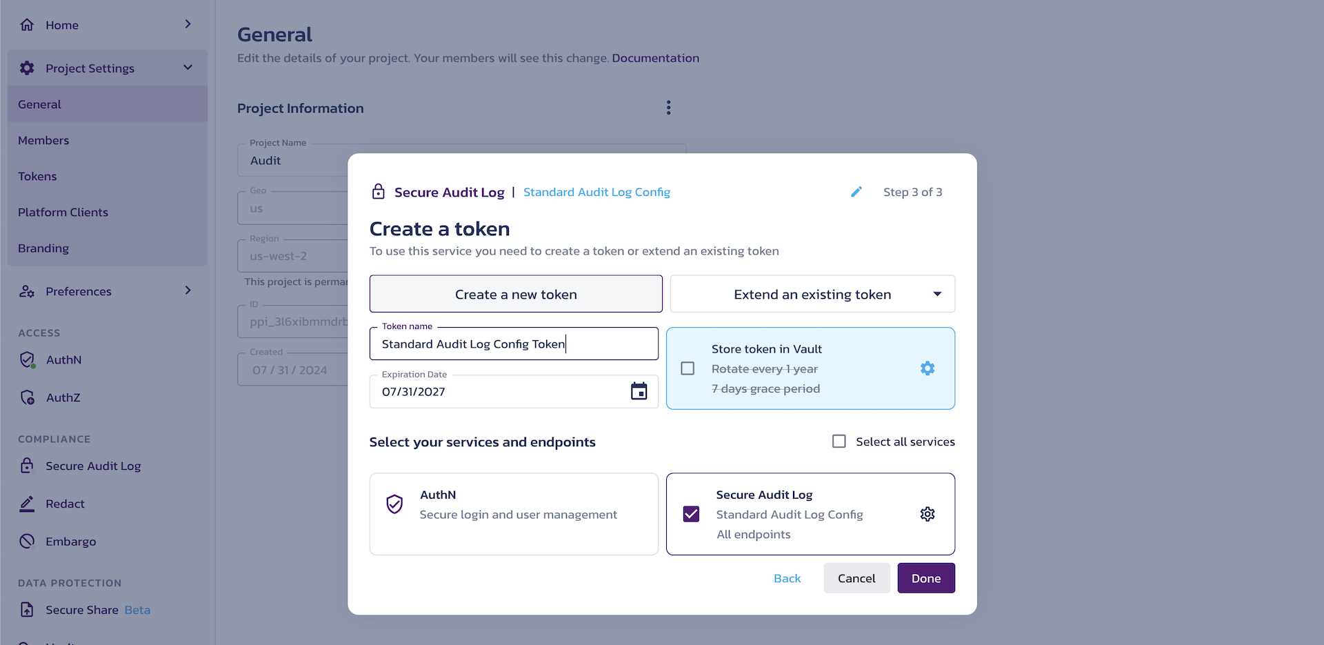 Create a token dialog with the Create a new token choice selected in the Pangea User Console