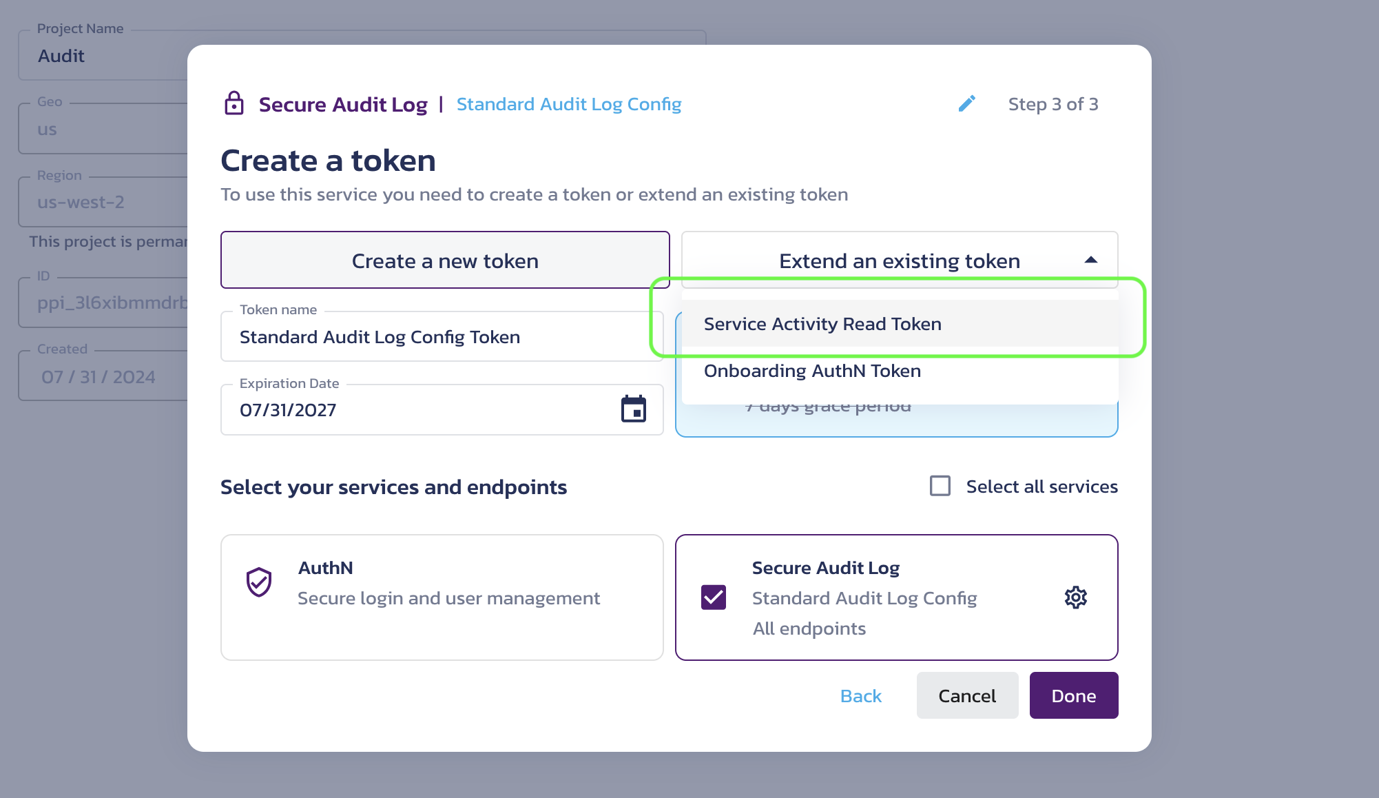 Create a token dialog with the existing Service Activity Read Token extended in the Pangea User Console