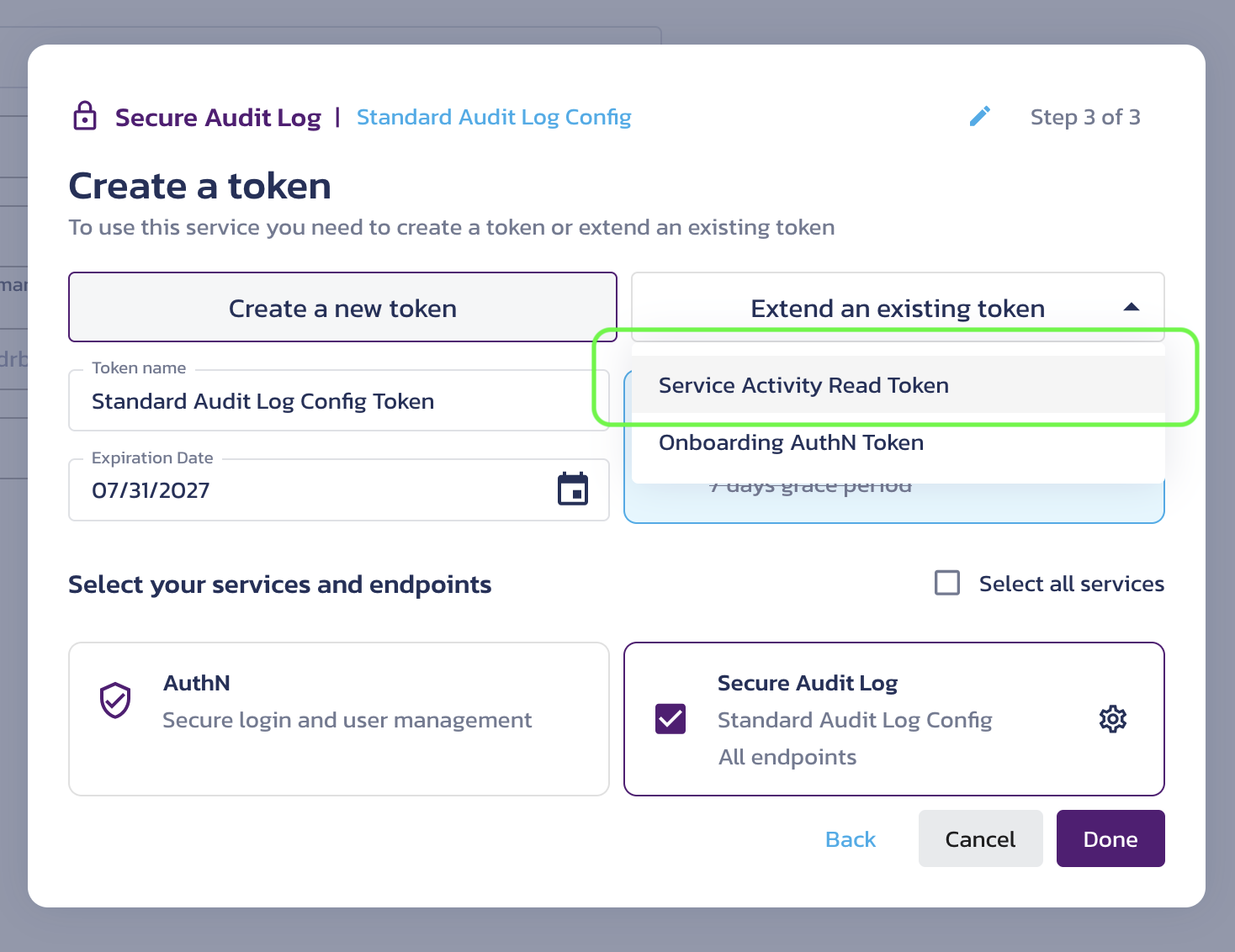 Create a token dialog - extend an existing Secure Audit Log token Create a token dialog with the existing Service Activity Read Token extended in the Pangea User Console