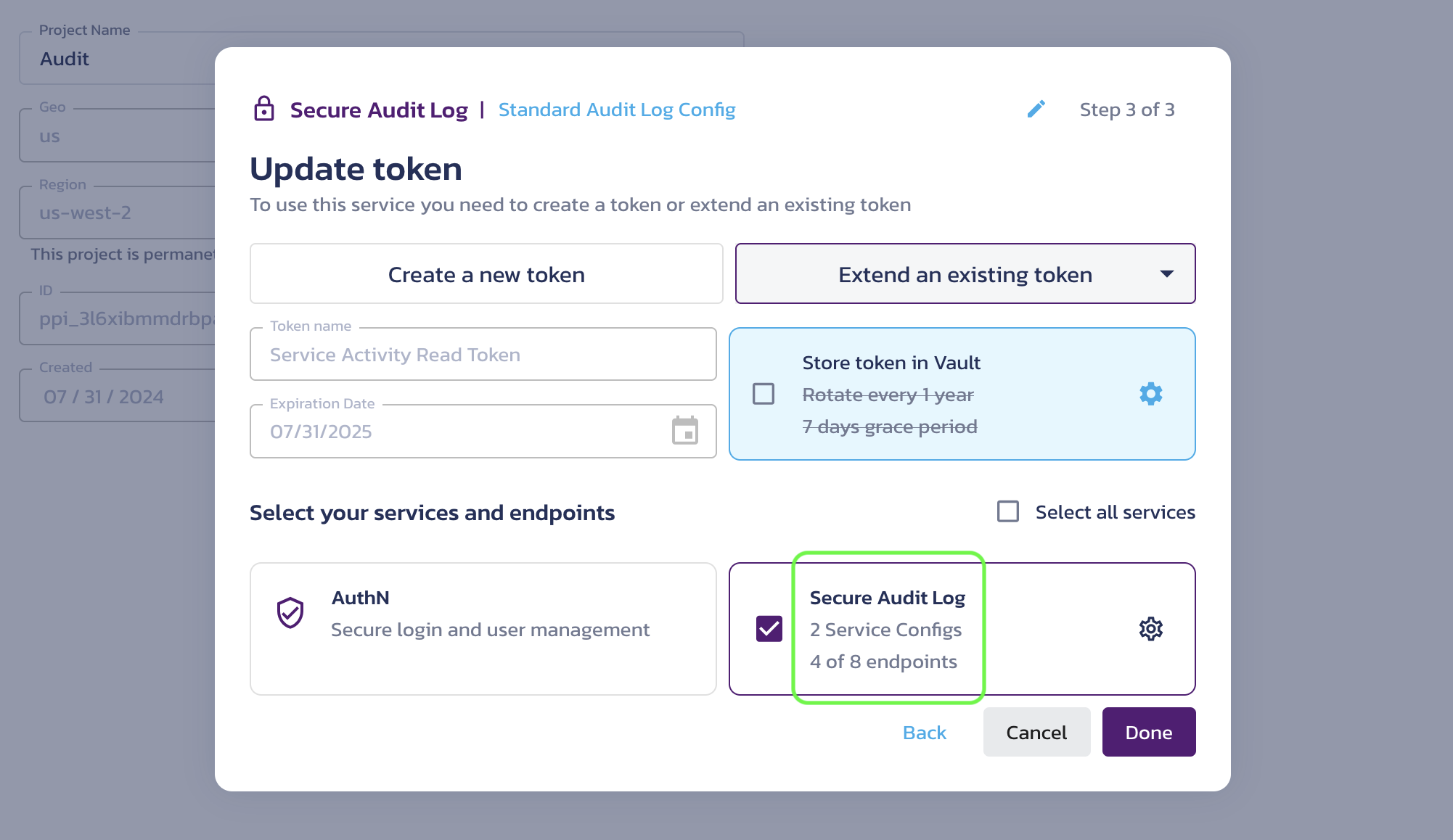 Create a token dialog with the Extend an existing token choice expanded and the Service Activity Read Token option highlighted in the Pangea User Console