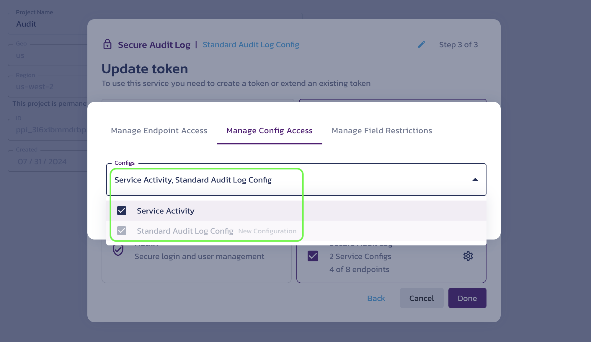 Create a token dialog with the Config Access details in the Pangea User Console