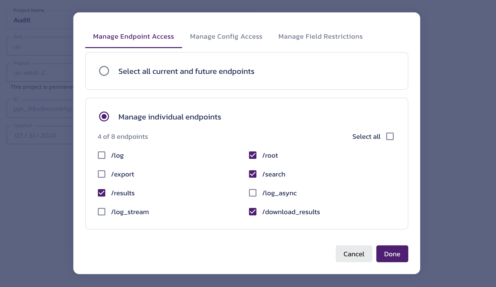 Create a token dialog with the Endpoint Access details in the Pangea User Console