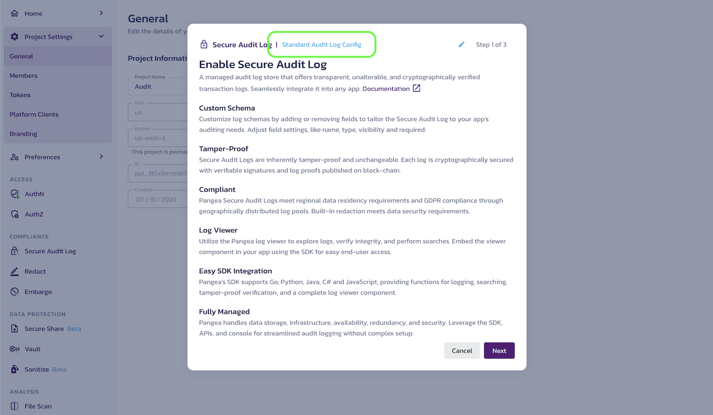 Enable Secure Audit Log dialog in the Pangea User Console