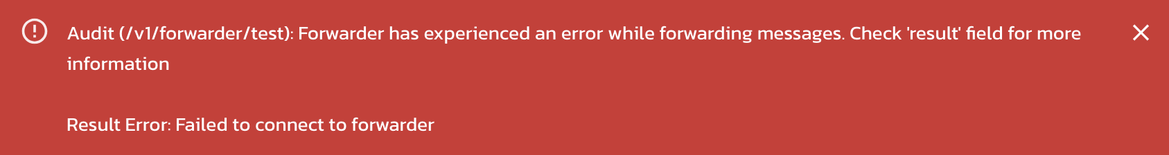 Error shown for a failed log forwarding test on the Audit Log Forwarding settings page in the Pangea User Console