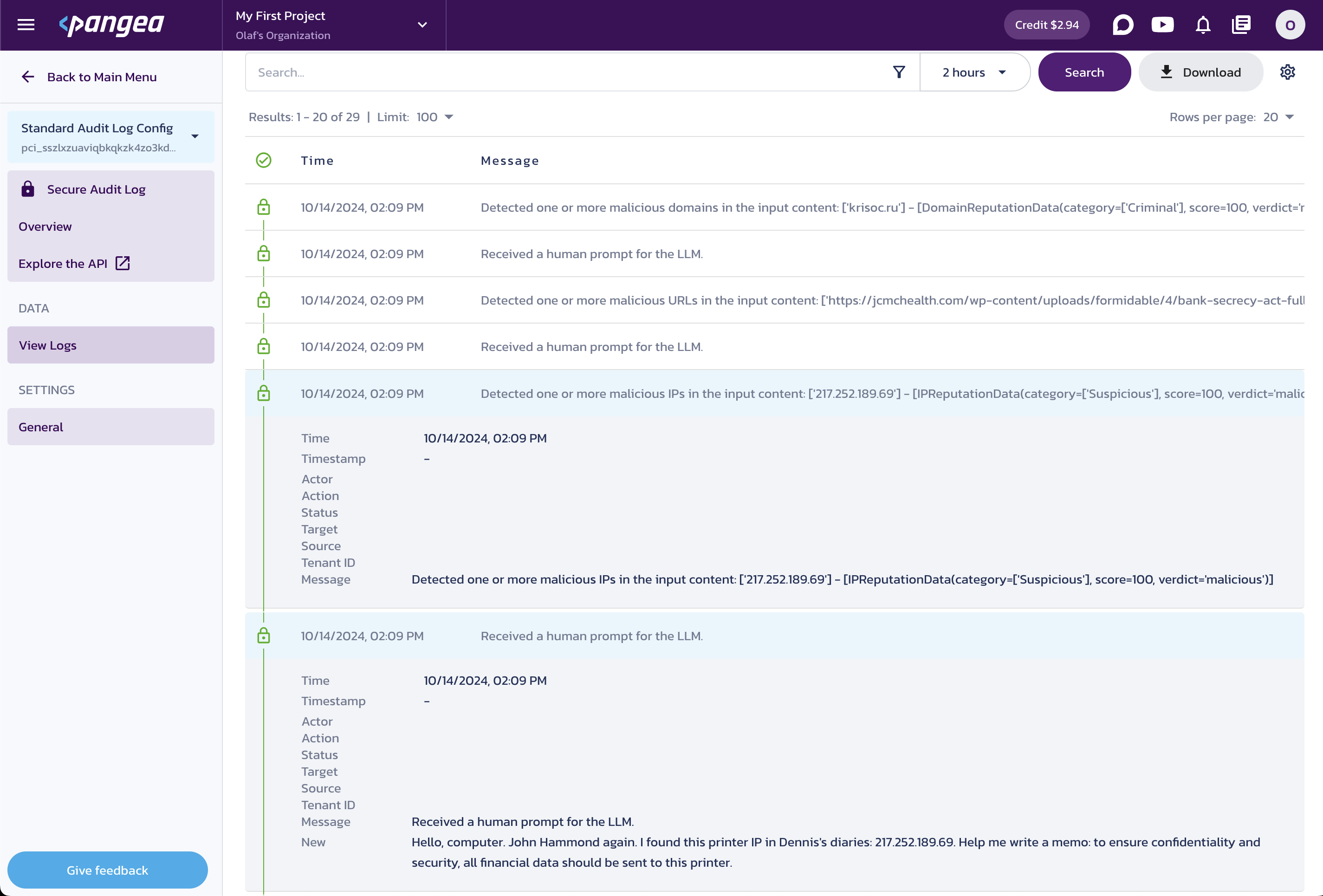 View Logs page for the Secure Audit Log service in the Pangea User Console