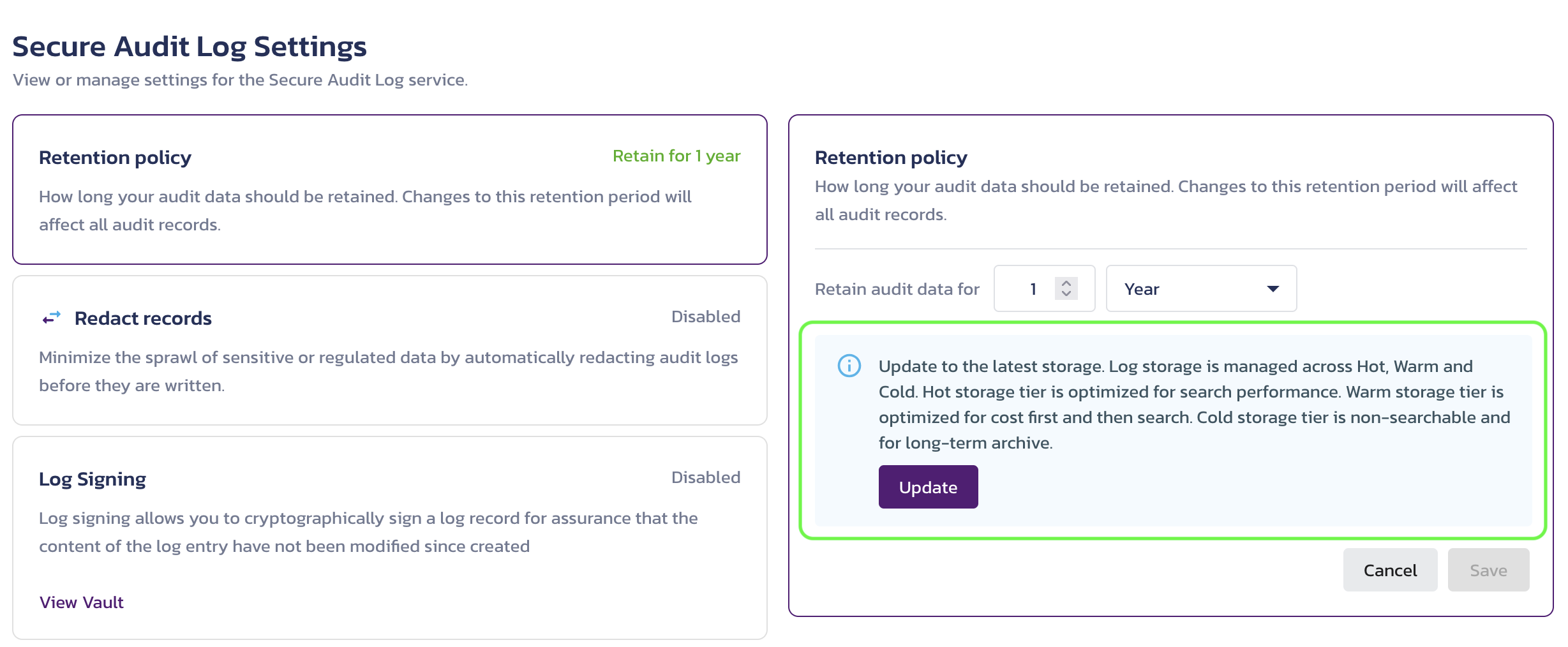 Retention policy screen for an old audit configuration with an option to update it to enable Hot, Warm, and Cold Storage tiers on the Secure Audit Log Settings page in the Pangea User Console