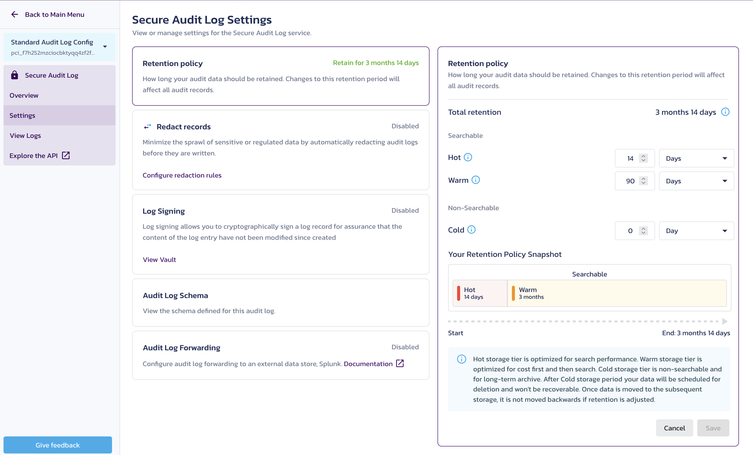 Retention policy tiers on the Secure Audit Log Settings page in the Pangea User Console