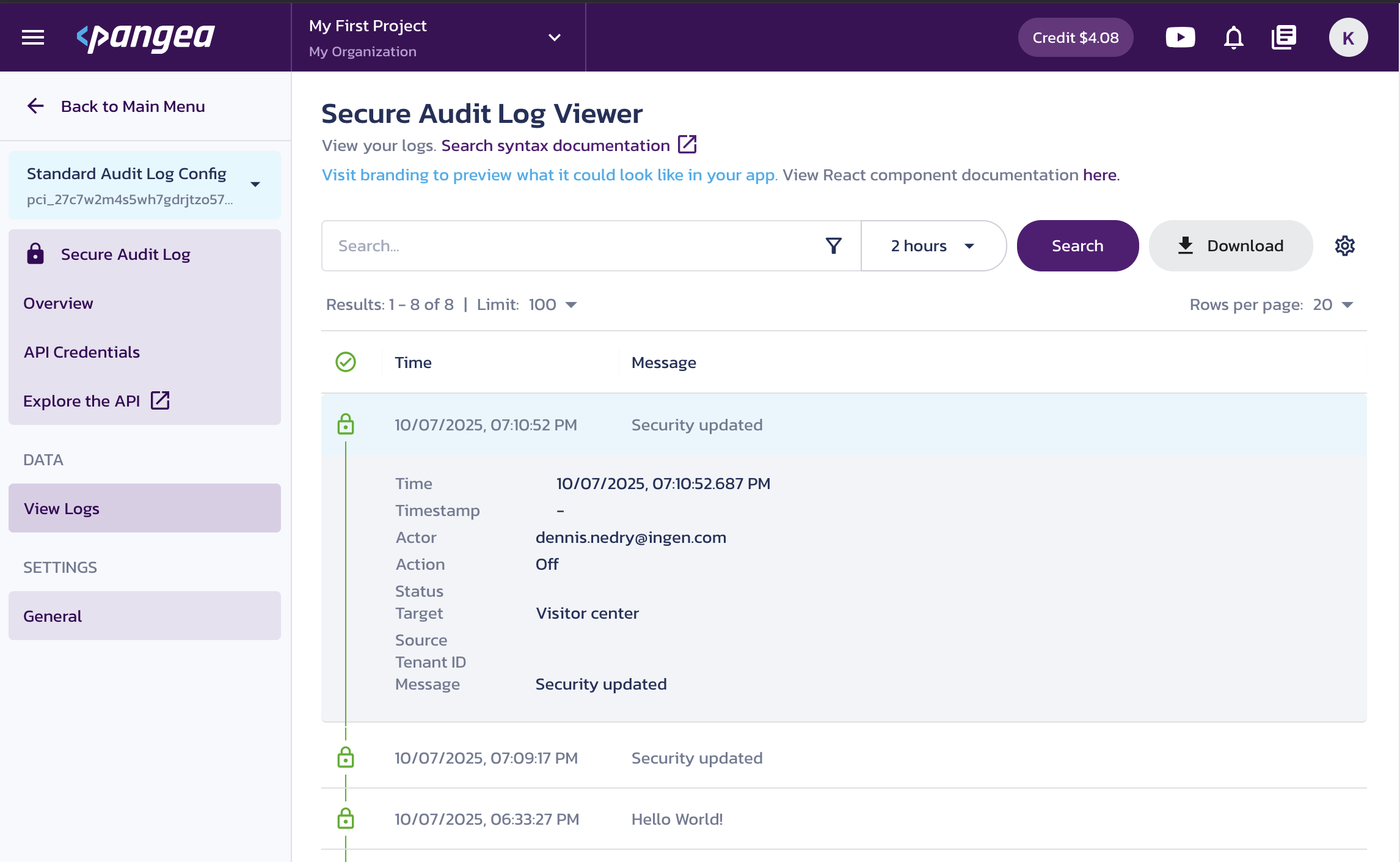 Secure Audit Log Viewer in the Pangea User Console