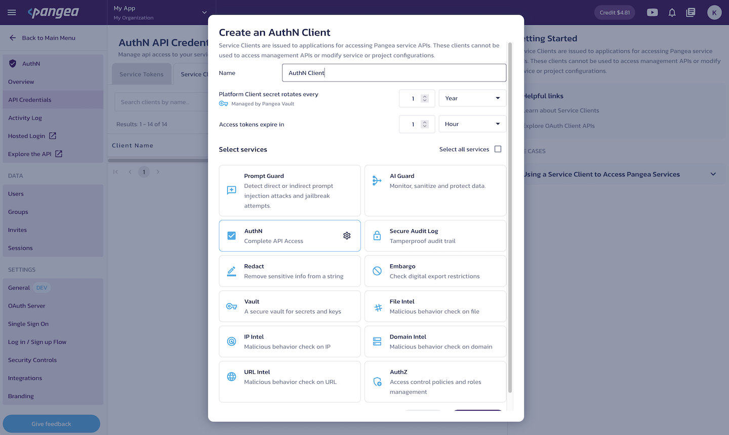 Create service client Create a client dialog on the AuthN Credentials page in the Pangea User Console