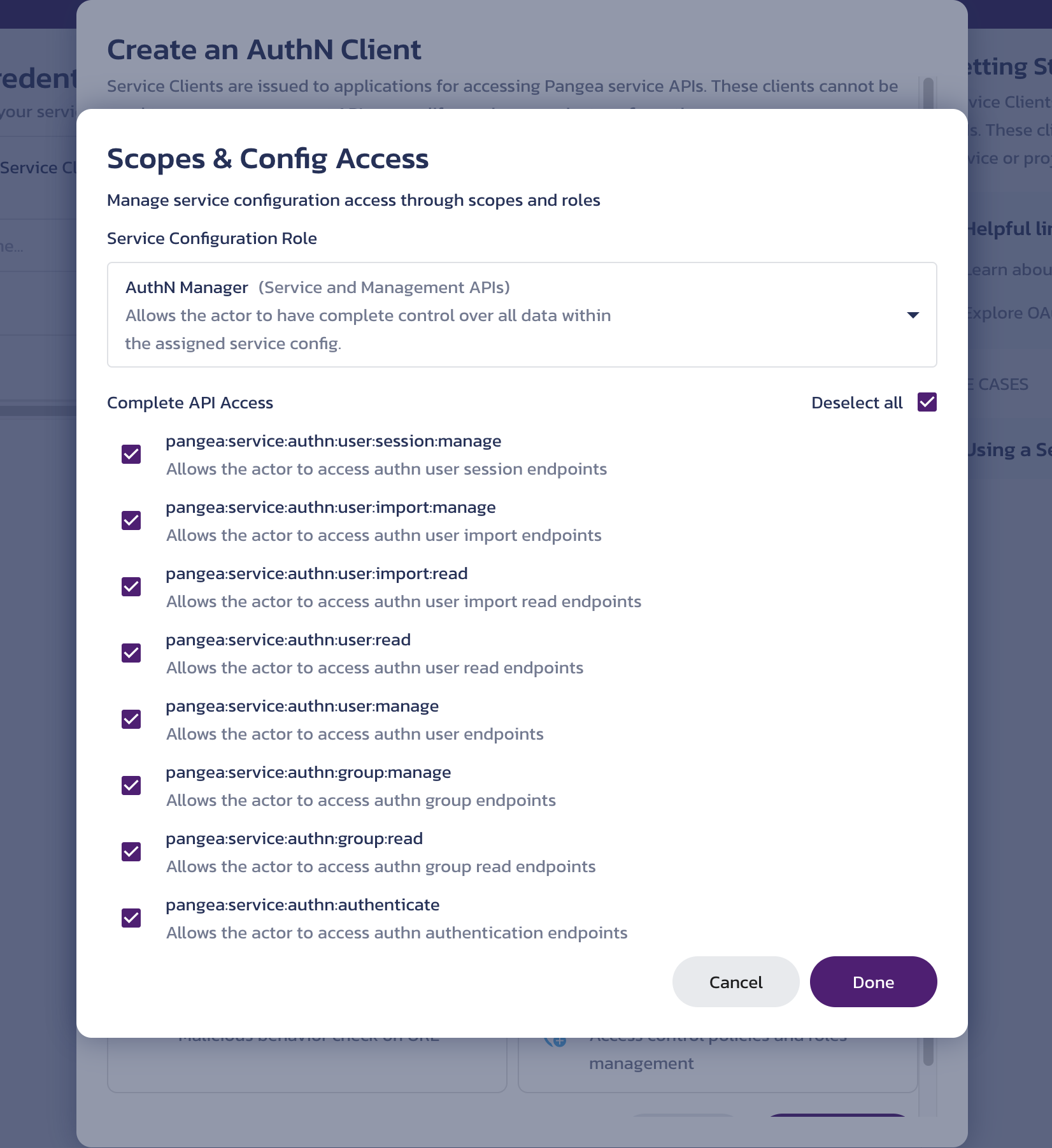 Select the role and scope for the service client Scopes & Config Access sub-dialog from the Create a service client dialog on the AuthN API Credentials page in the Pangea User Console
