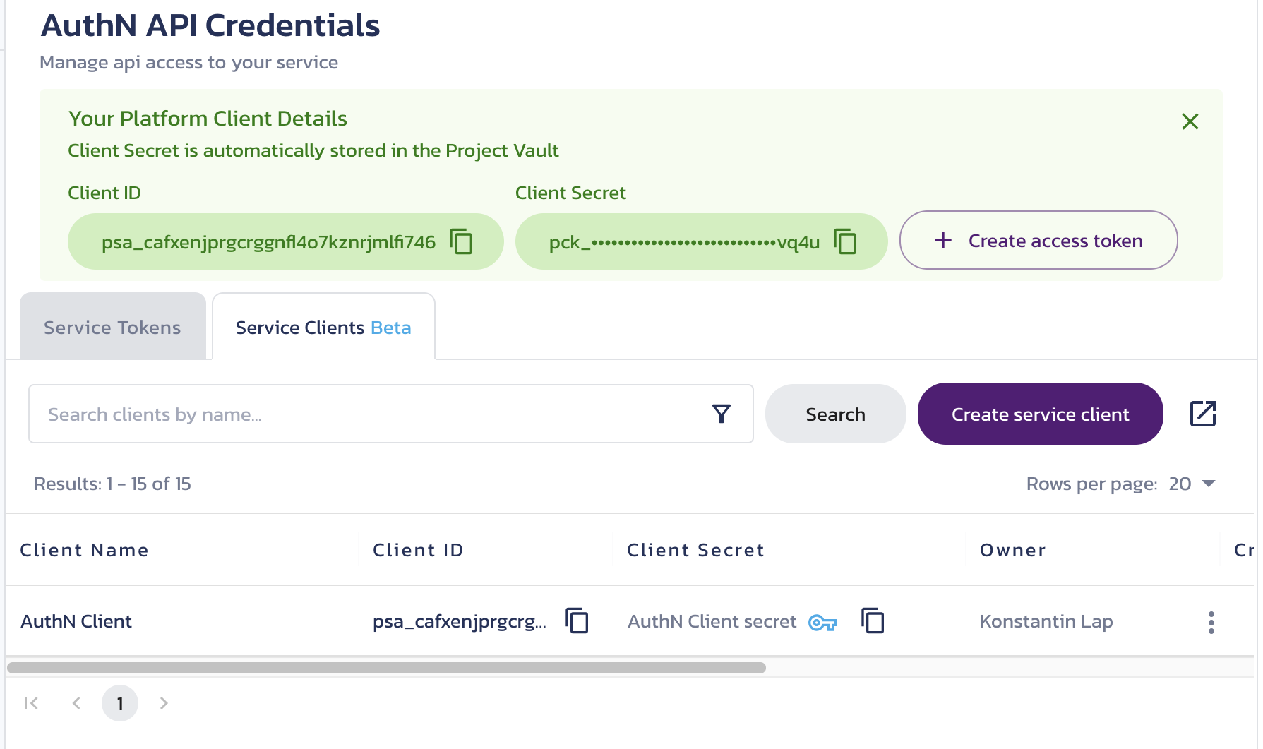 New client details temporarily displayed on the AuthN Credentials page in the Pangea User Console