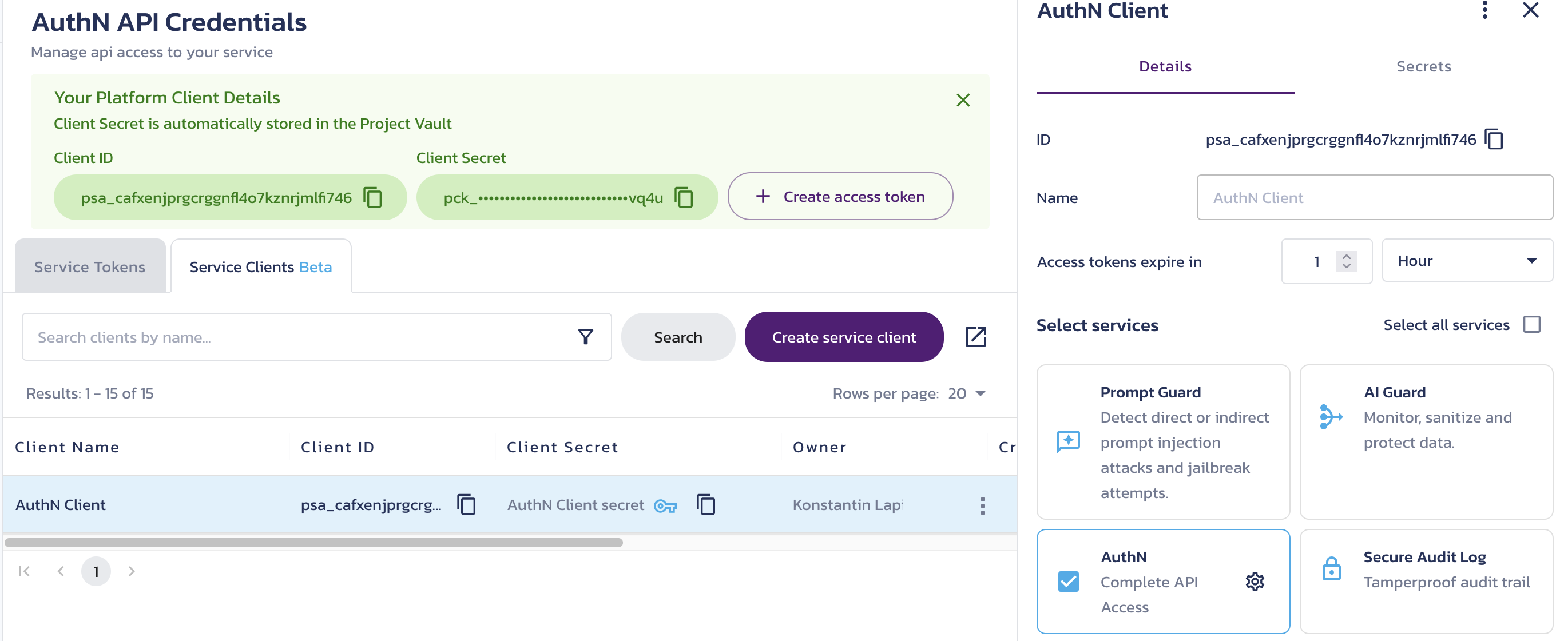 Client details page for a selected client on the AuthN Credentials page in the Pangea User Console