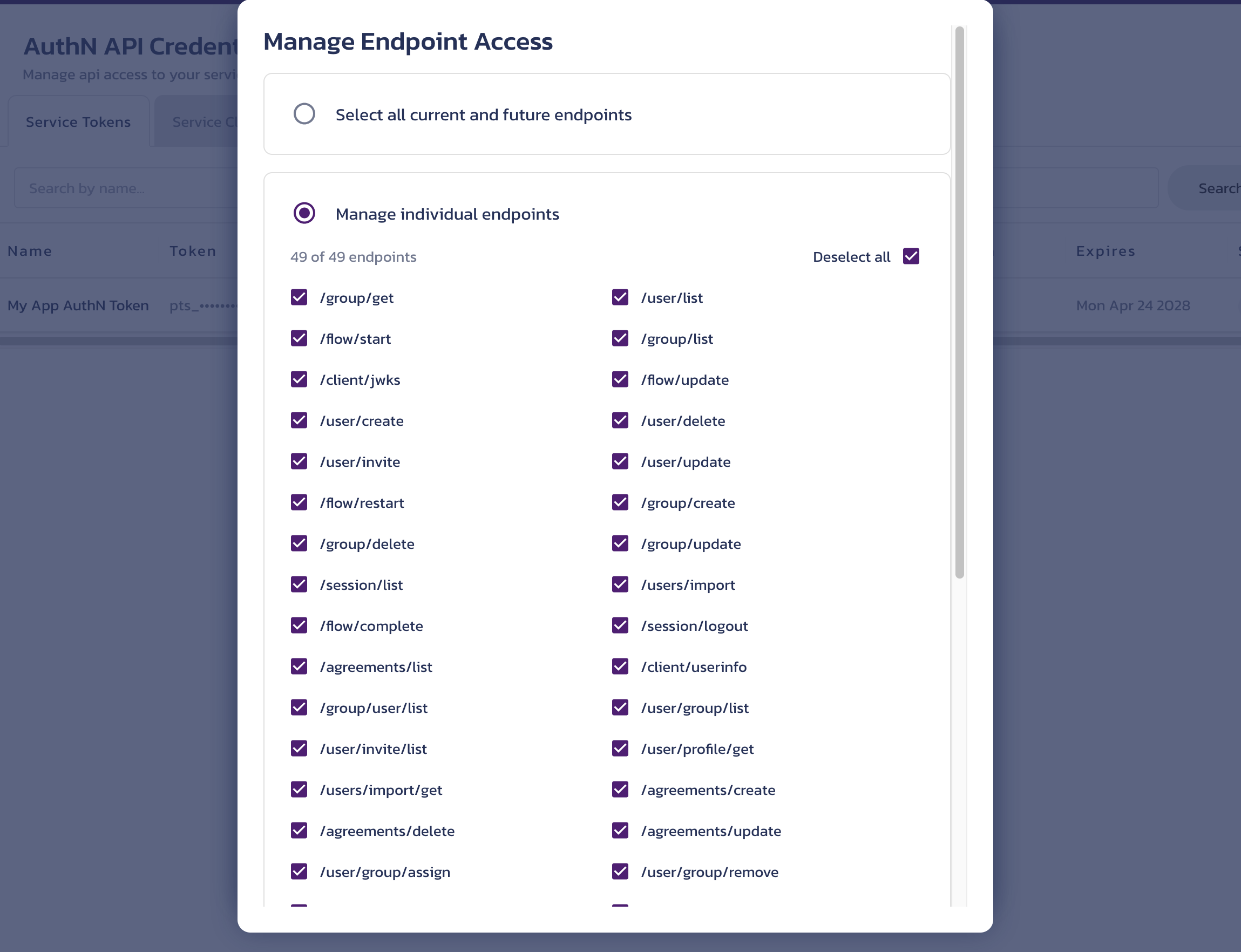 Service token configuration options for AuthN Create a service token dialog on the AuthN API Credentials page in the Pangea User Console