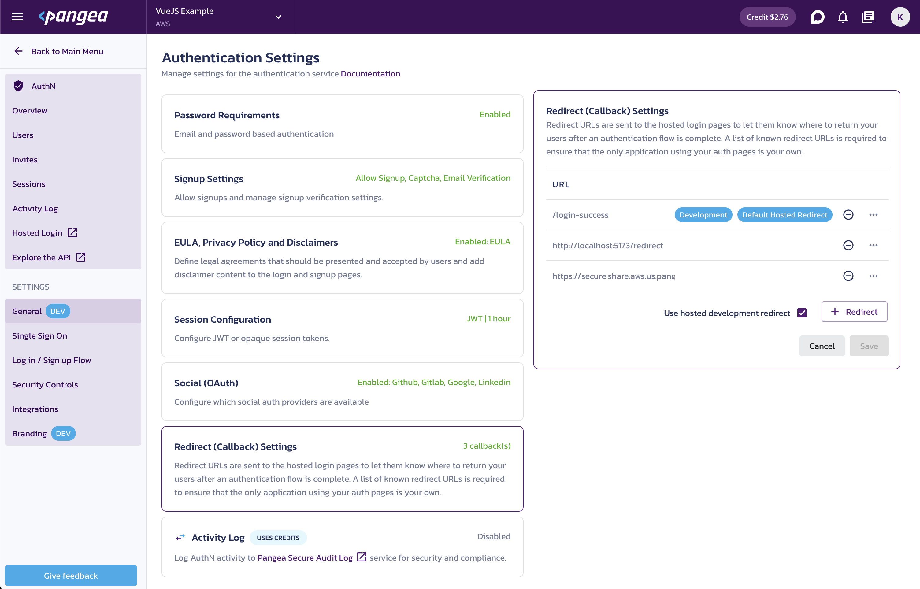 AuthN Redirect (Callback) Settings in the Pangea User
Console