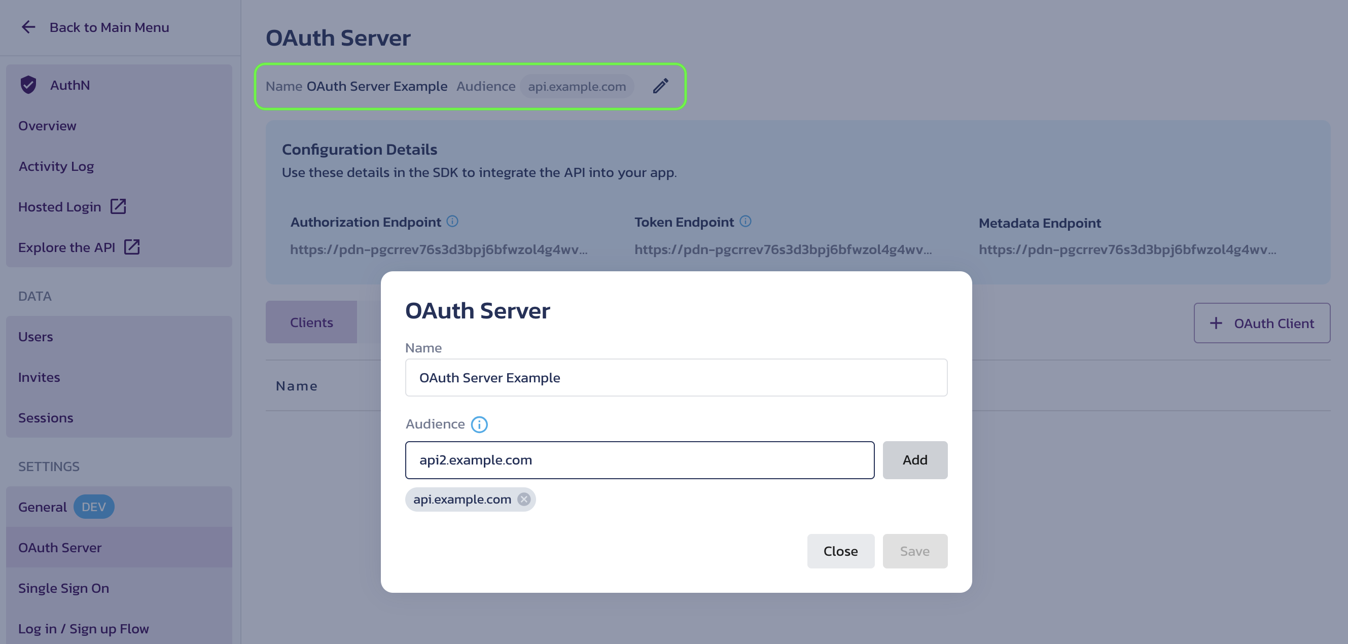 Set audience on the AuthN OAuth Server settings page in the Pangea User Console