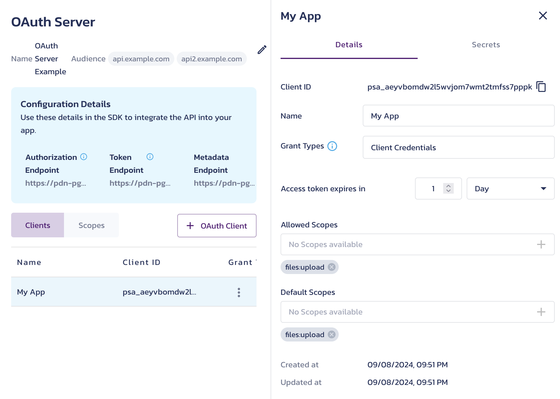 Client Details on the AuthN OAuth Server settings page and client-specific actions in the client context menu in the Pangea User Console