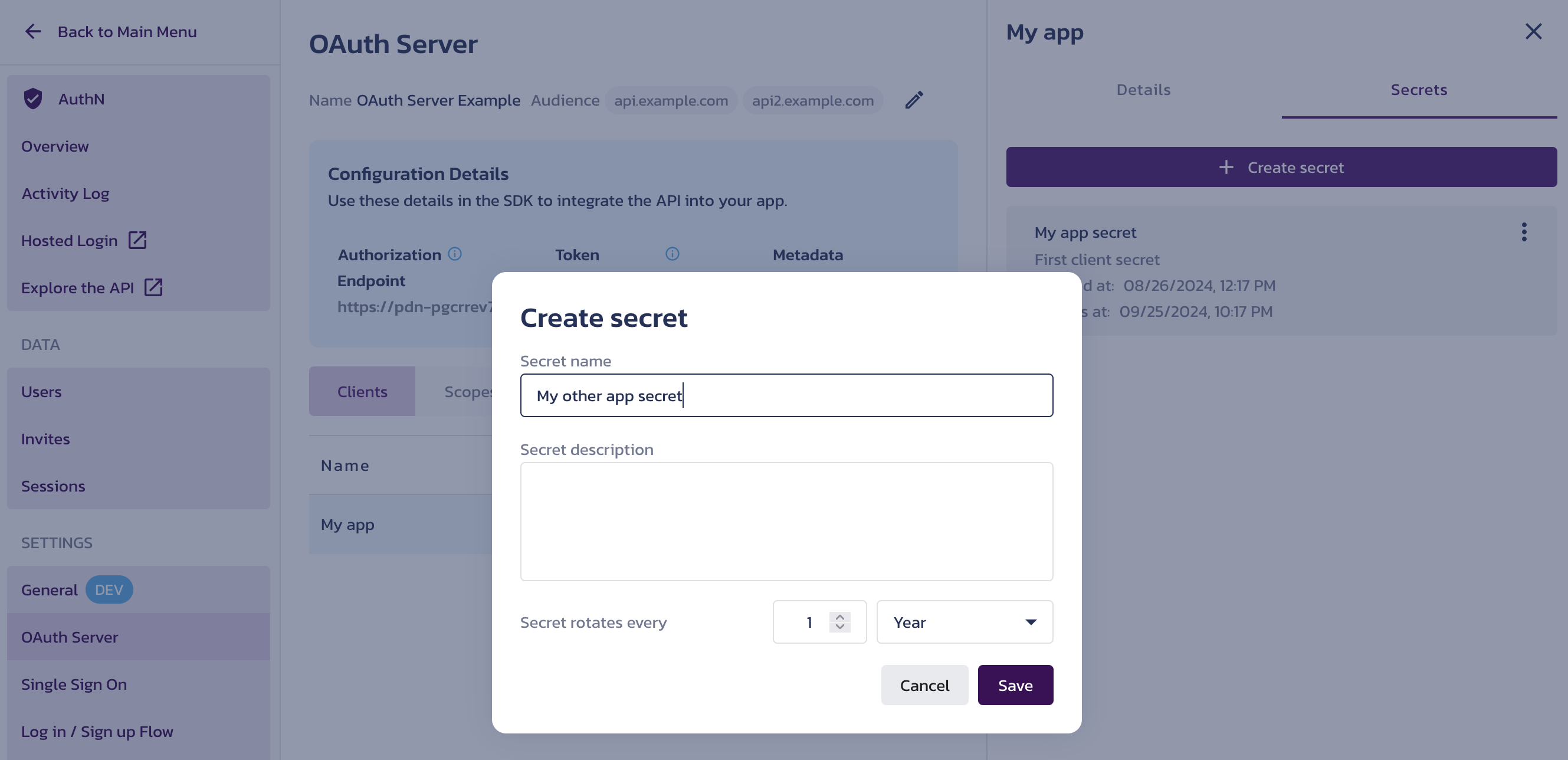 Create secret dialog on the AuthN OAuth Server settings page in the Pangea User Console