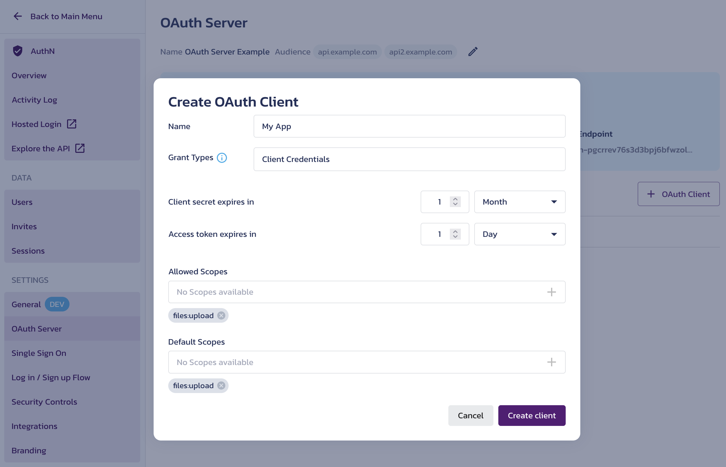 Create OAuth Client dialog on the AuthN OAuth Server settings page in the Pangea User Console