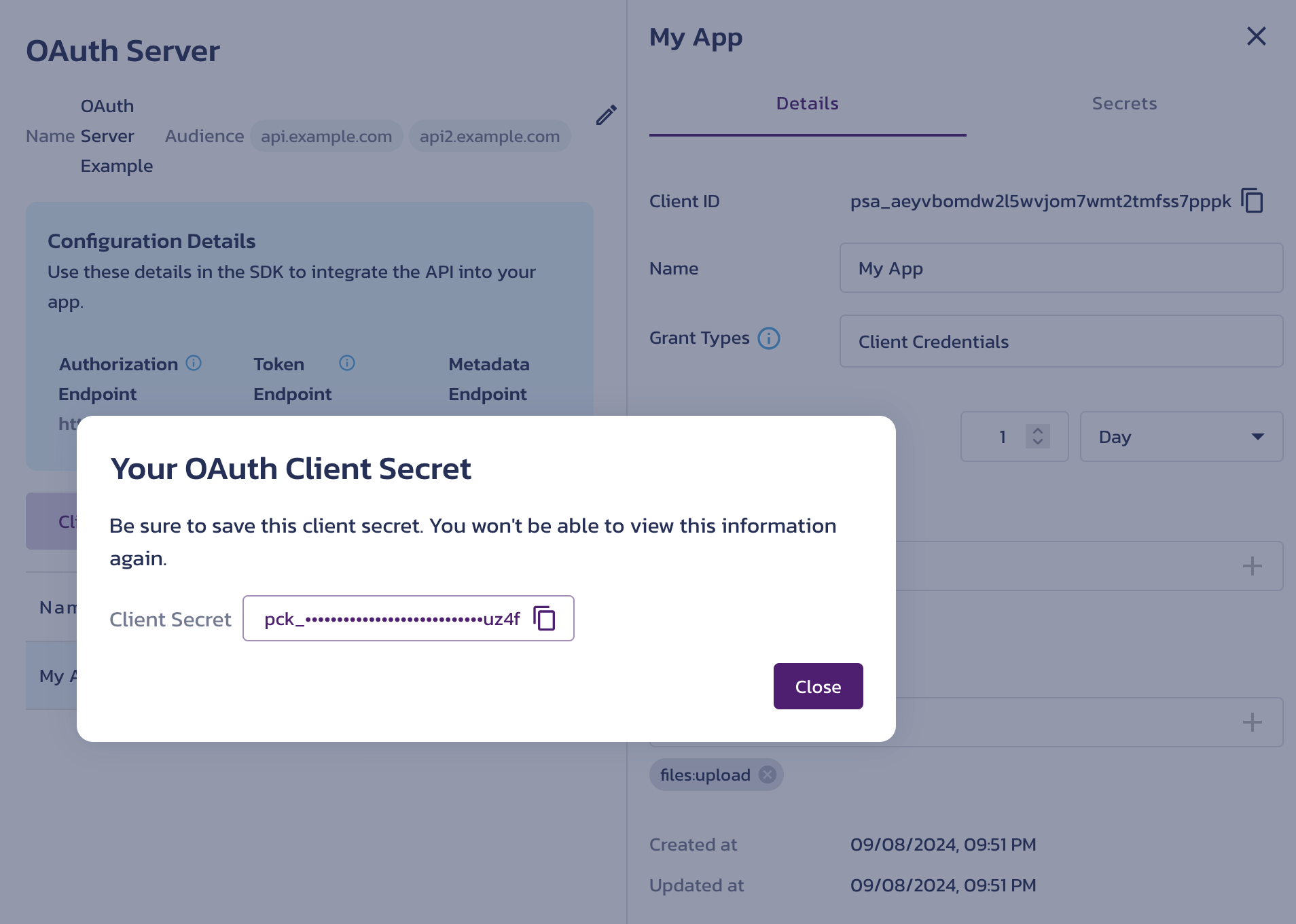 Copy the secret value from the Your OAuth Client Secret dialog on the AuthN OAuth Server settings page in the Pangea User Console