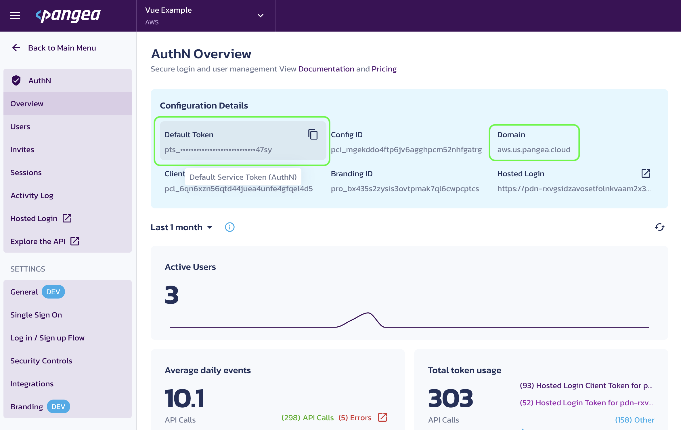 AuthN Overview page in the Pangea User Console with Default Token and Domain
settings highlighted
