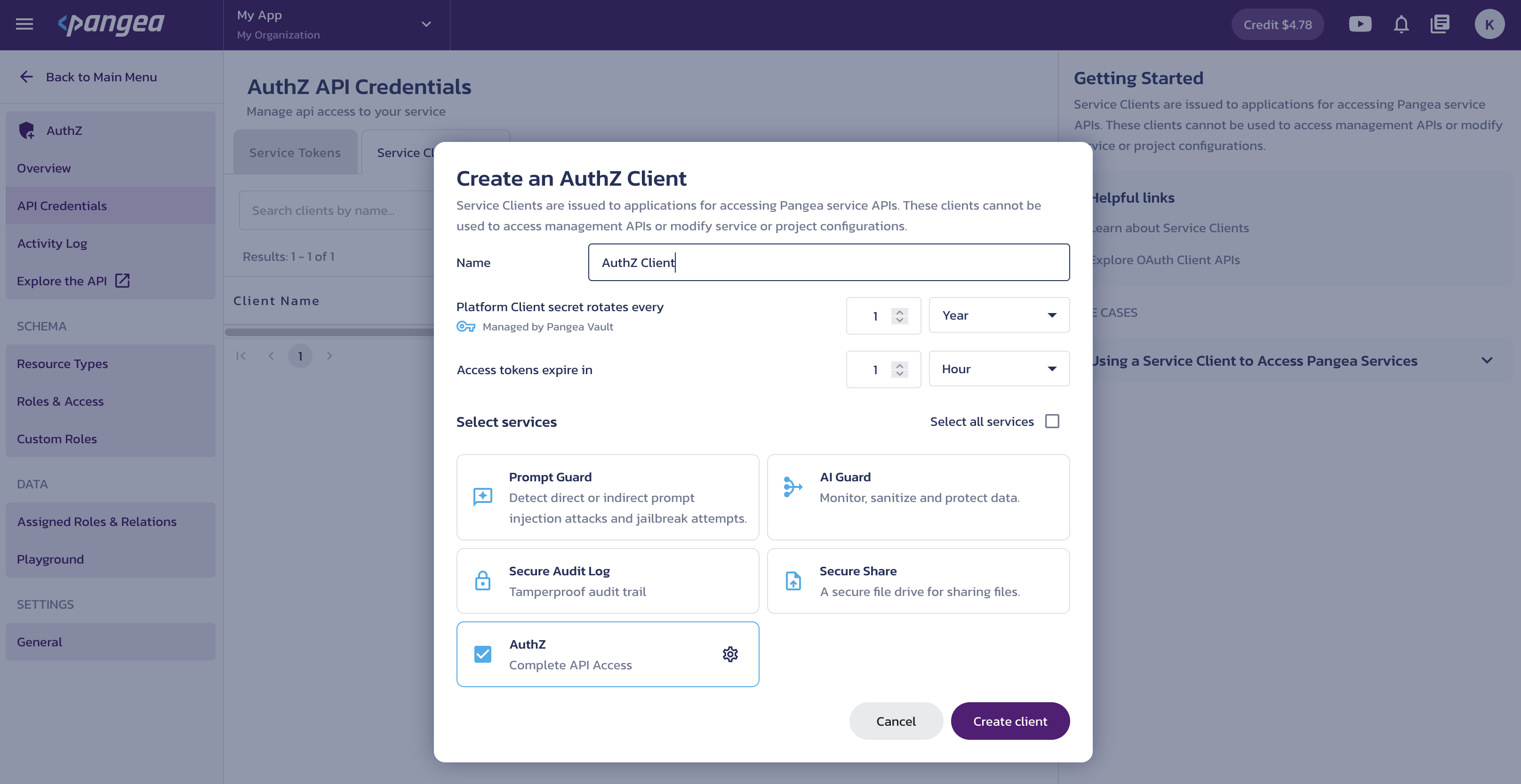 Create service client Create a client dialog on the AuthZ Credentials page in the Pangea User Console