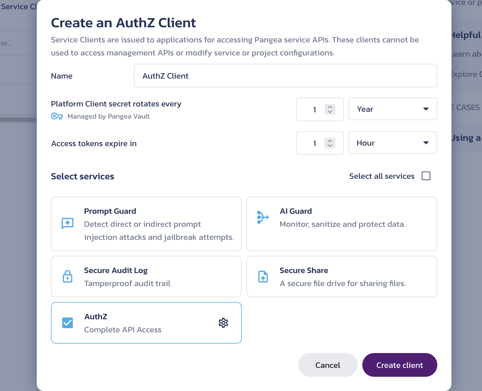 Select the role and scope for the service client Scopes & Config Access sub-dialog from the Create a service client dialog on the AuthZ API Credentials page in the Pangea User Console