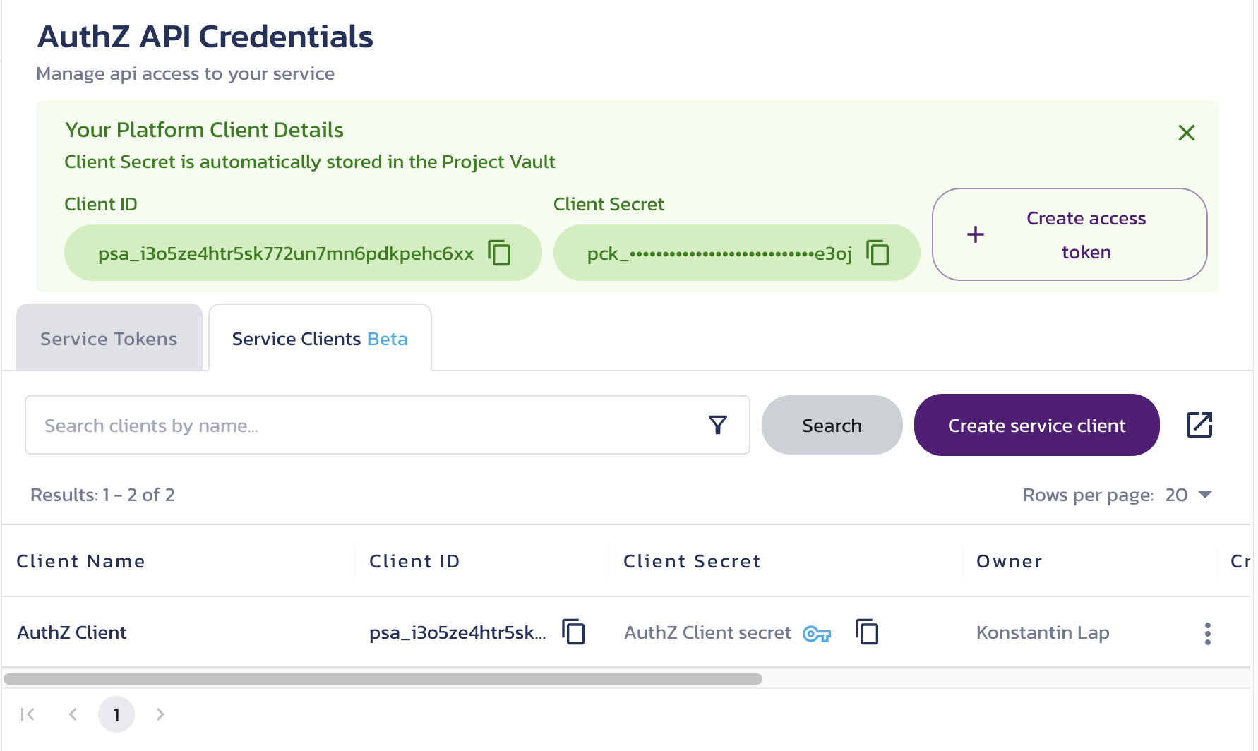 Temporarily displayed new client details New client details temporarily displayed on the AuthZ Credentials page in the Pangea User Console